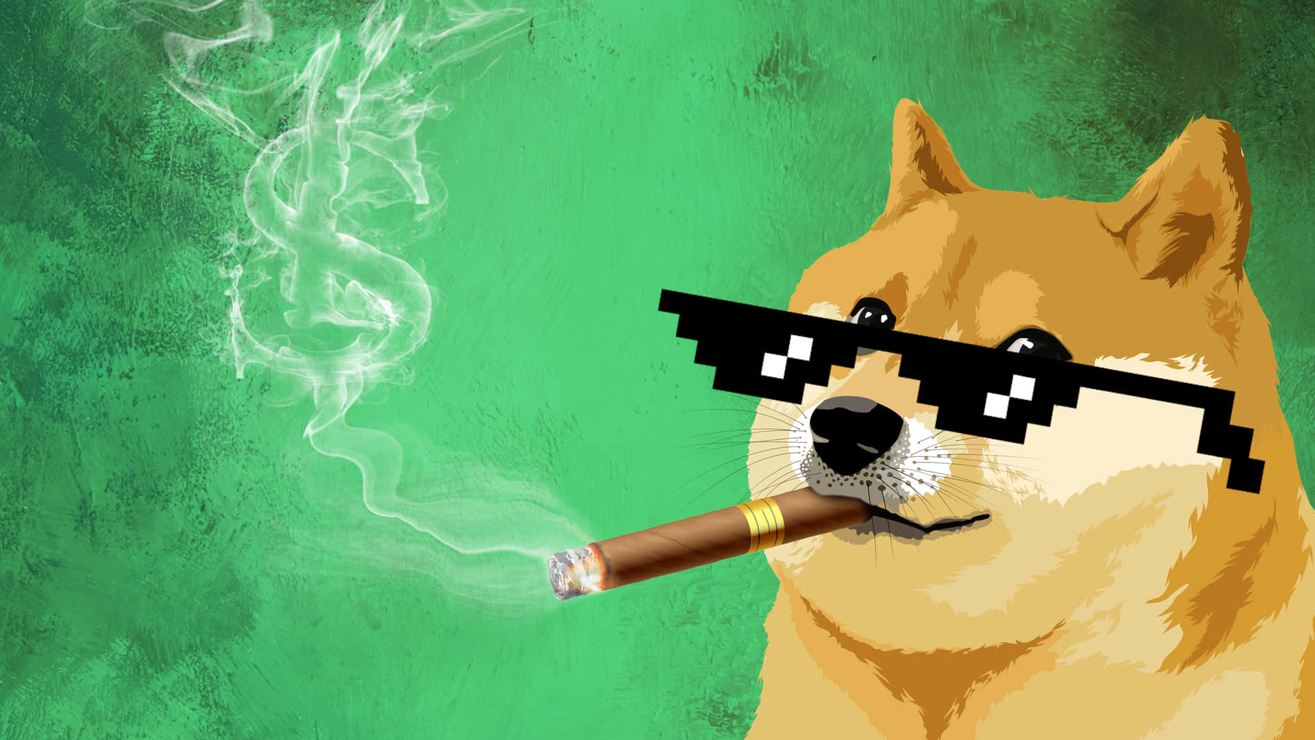 柴犬戴像素太陽眼鏡抽雪茄，煙霧呈美元符號。 — Meme 壁紙