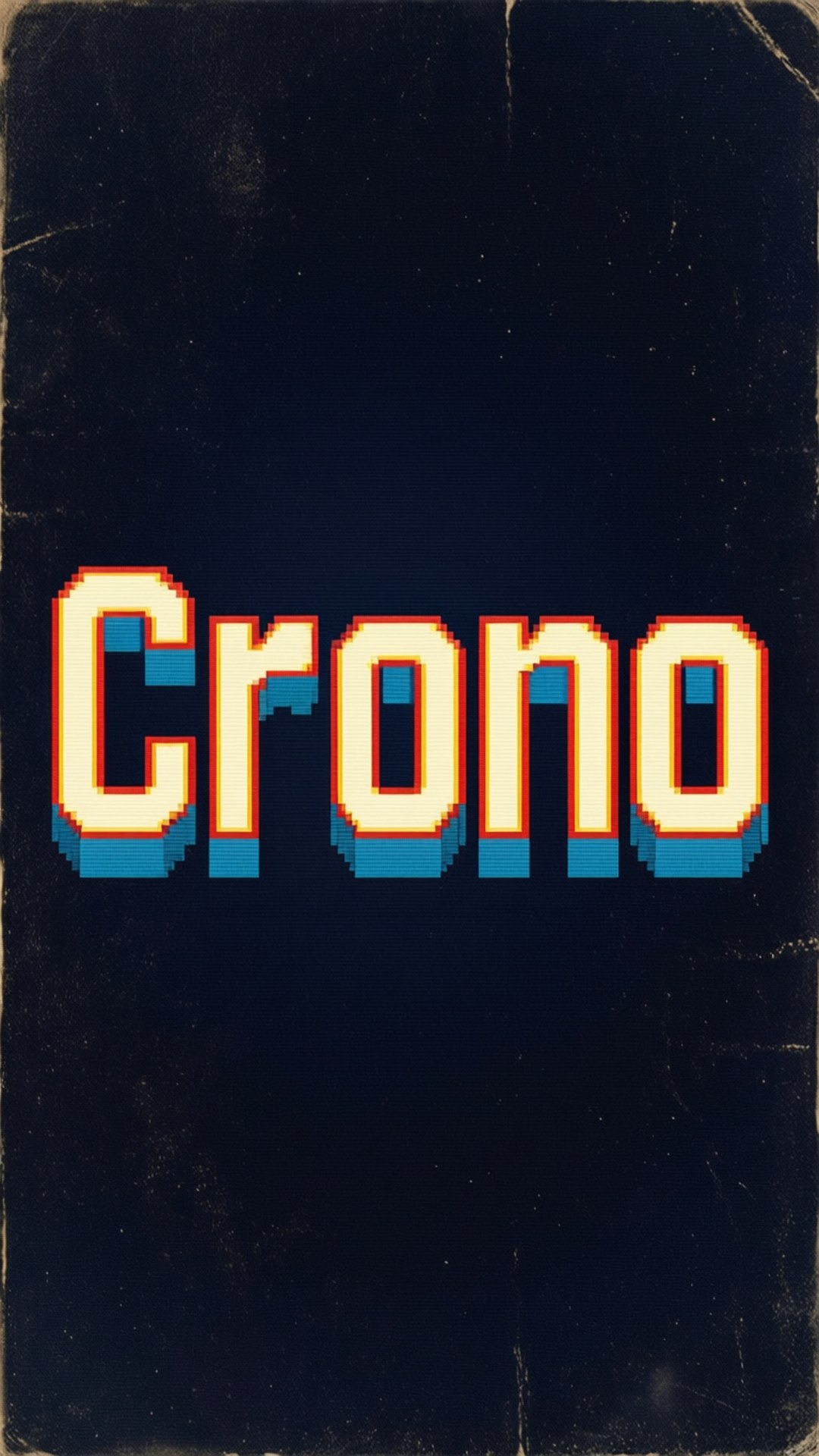 時空之鑰 桌布 壁紙 — 像素化的 'Crono' 文字在橙色和藍色光芒中，襯托著一個有復古磨損的深色紋理背景。