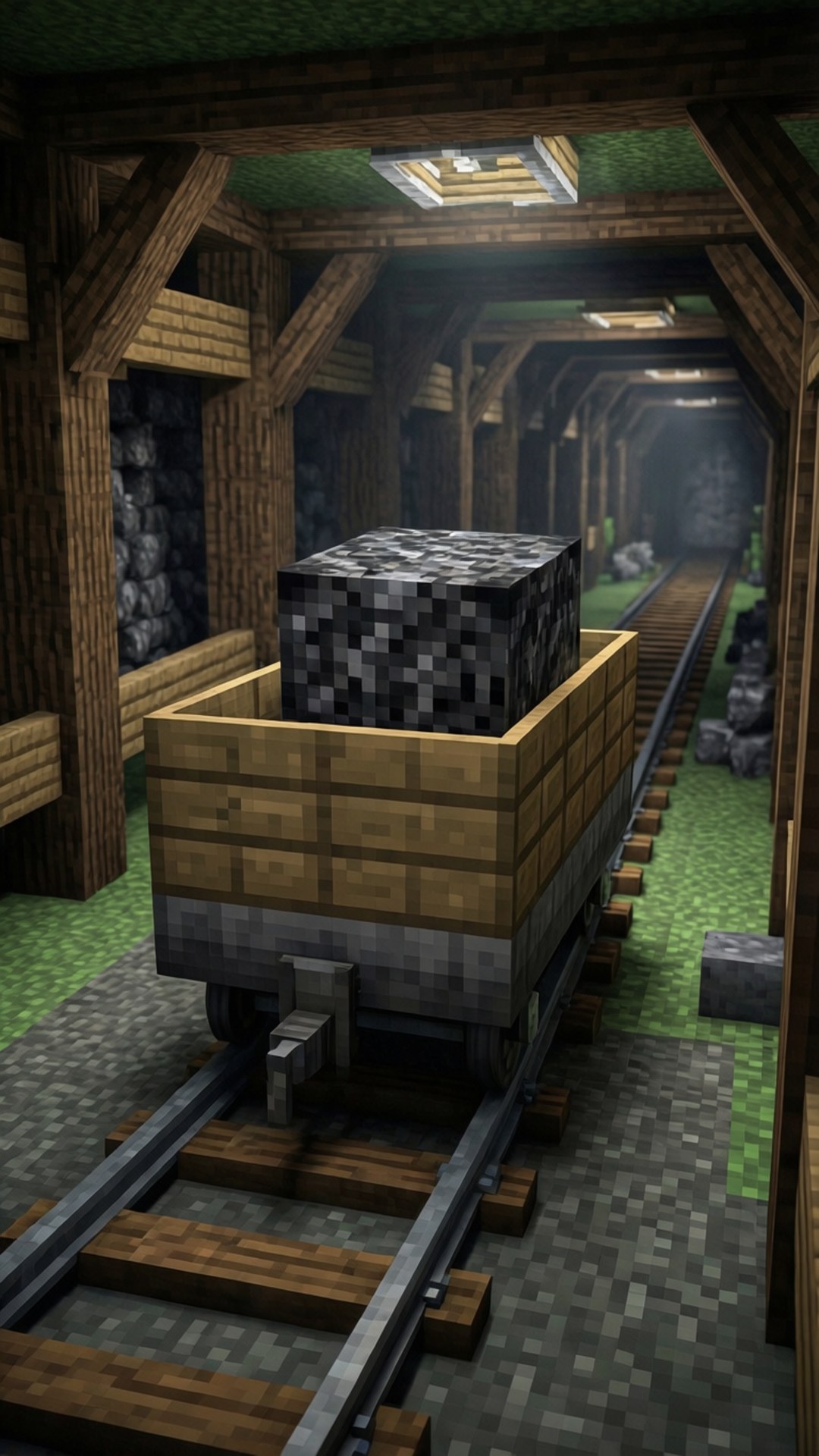 桌布 壁紙 — 一架載滿煤炭的像素化礦車在Minecraft地下礦場的木製軌道上行駛，周圍是石牆和木樑。