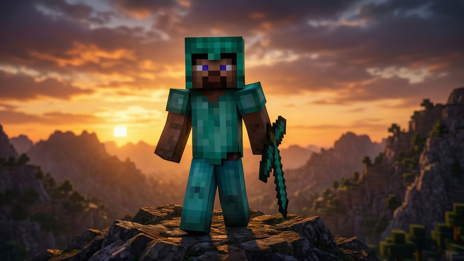 桌布 壁紙 — 一個像素化的Minecraft角色站在日落時分的岩石山峰上，手持鑽石劍，背景是充滿活力的橙色和紫色天空。