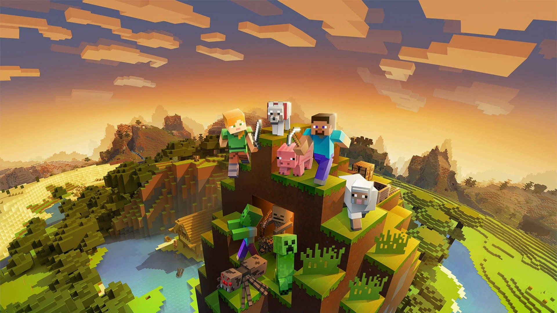 日落時懸崖上的Minecraft玩家和動物 — 我的世界 壁紙