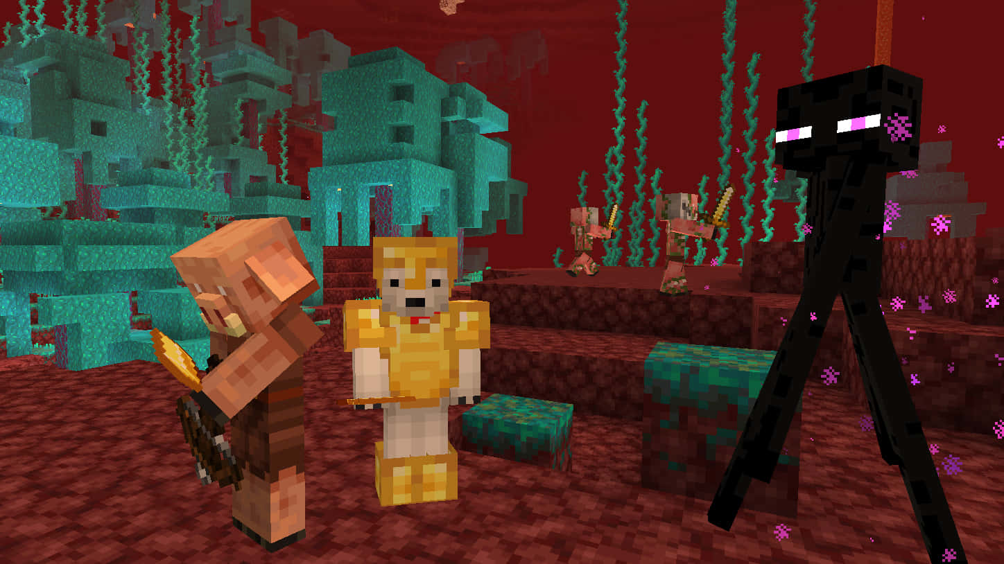  壁紙 — 像素化的Minecraft角色探索一個深紅色的水下洞穴，內有發光的紫色植物和一個威脅性的黑色魷魚狀生物。
