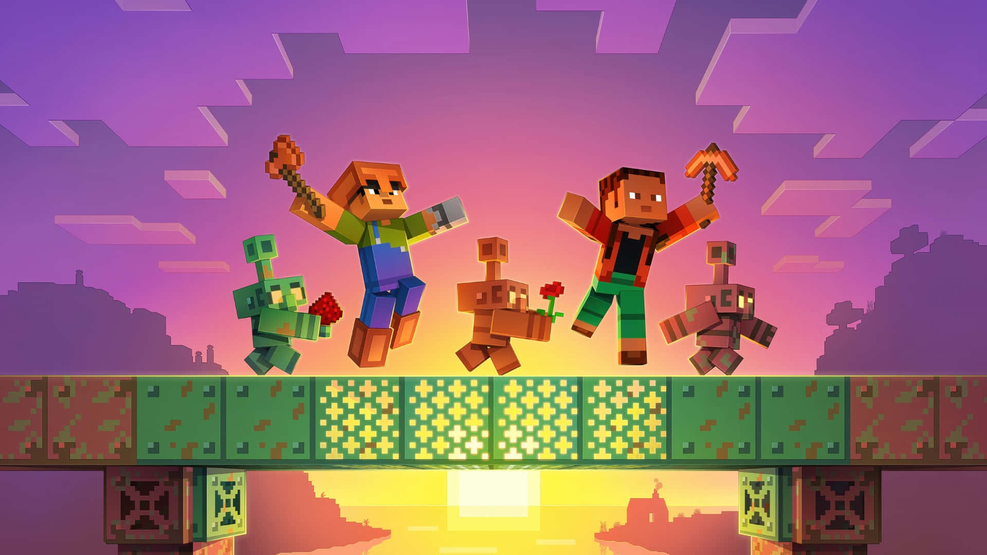  壁紙 — 像素化的Minecraft角色愉快地站在發光的橋上，背景是充滿活力的紫色日落天空。