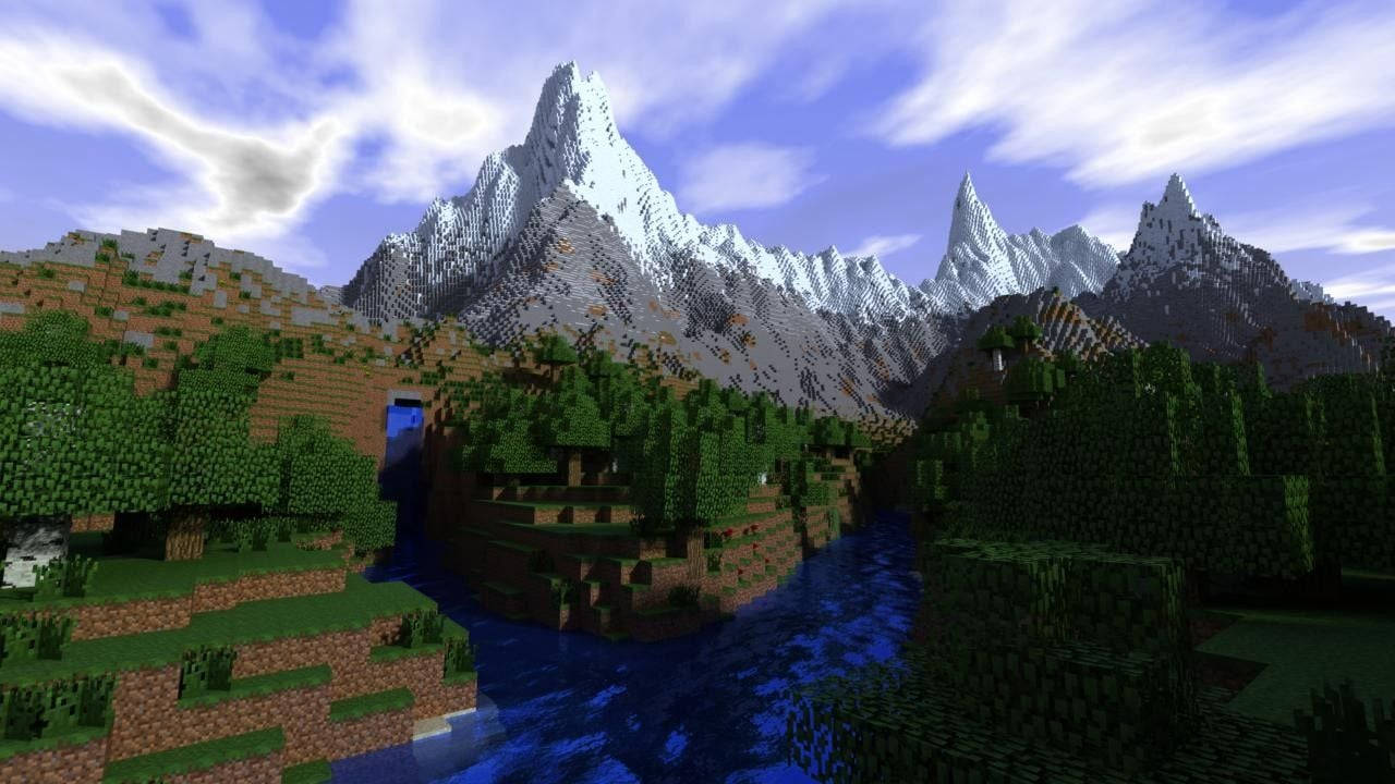 Minecraft山脈河流森林場景，具有方塊地形和積雪的山峰。 — 可愛的 Minecraft 壁紙