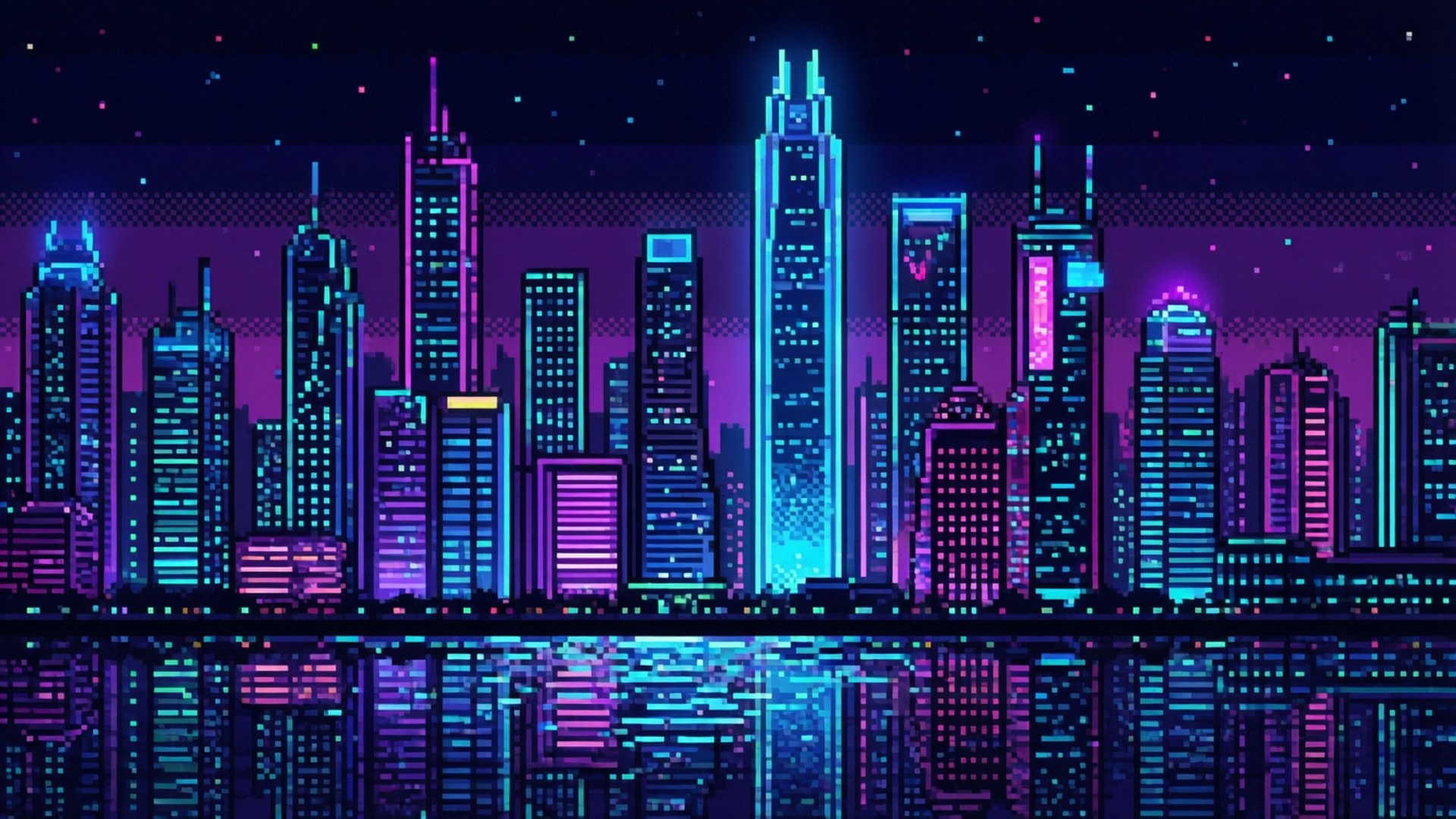 Pixel Cyberpunk City 壁紙 — 像素化霓虹城市天際線，藍色和紫色發光摩天大樓在星空下倒映在水中。
