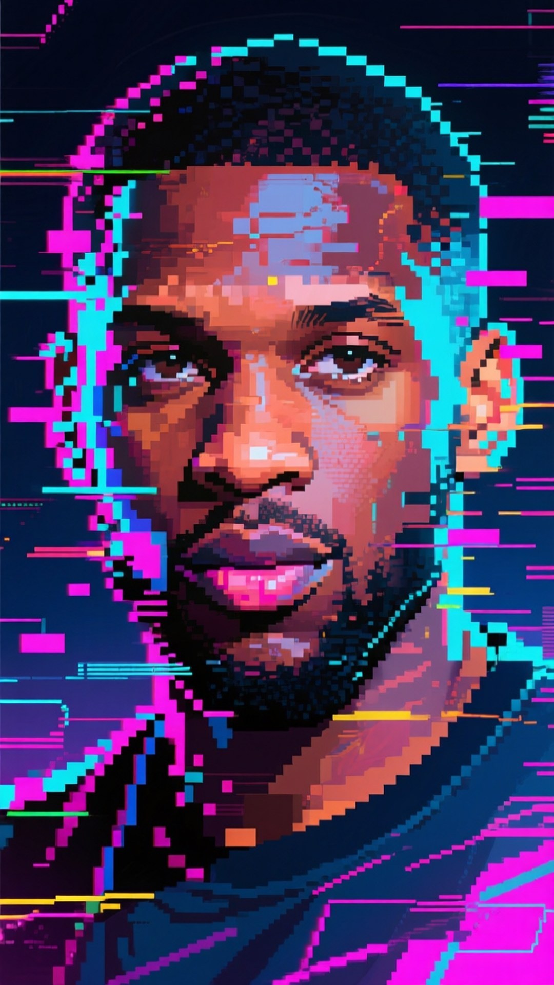 Glitch Art Portrait 壁紙 — 一個像素化的人像，帶有霓虹粉紅和青色的故障效果，背景為深色。