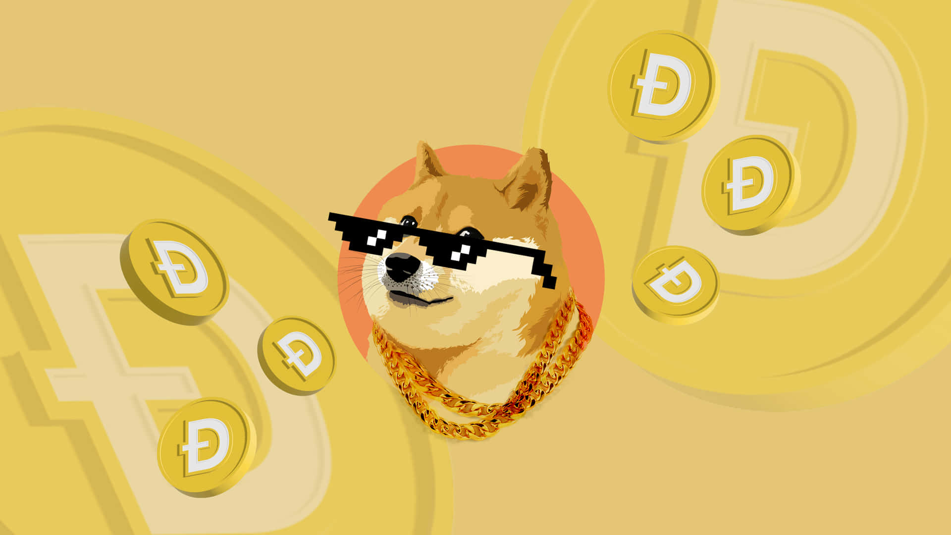 柴犬戴太陽眼鏡和金色鏈條，帶有漂浮的狗狗幣符號。 — Meme 壁紙