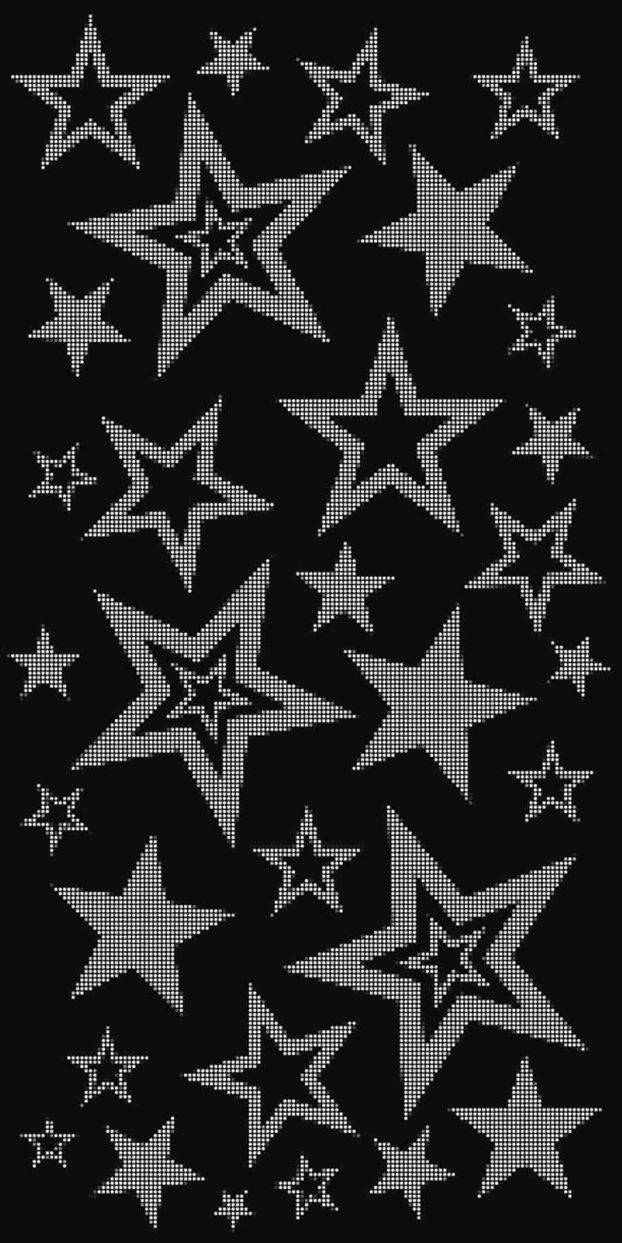  壁紙 — 黑色背景上充滿了各種大小的星星，以像素化的銀色點呈現，營造出數位閃爍效果。