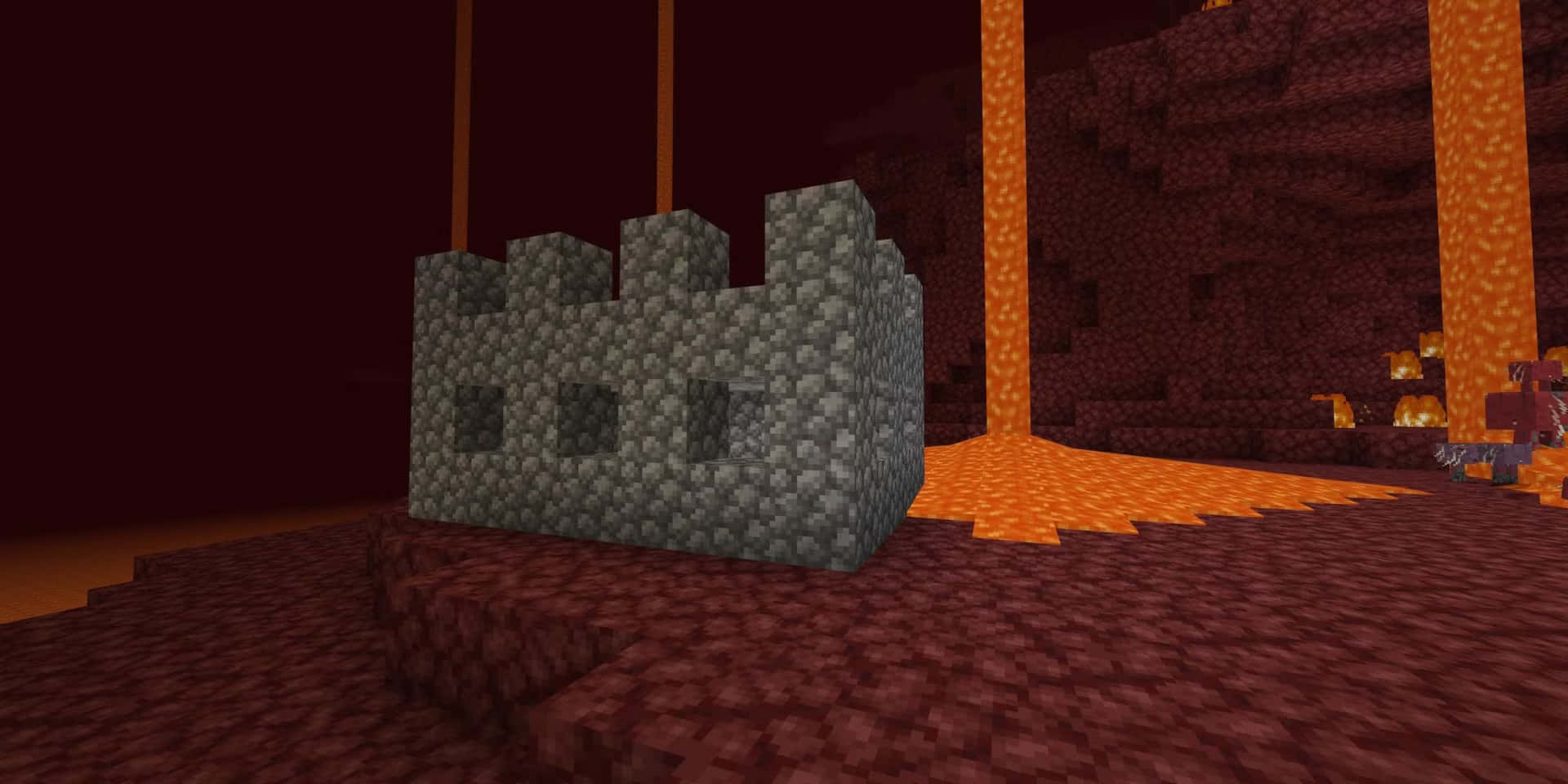  壁紙 — 一座像素化的石城堡矗立在Minecraft地獄堡壘中，有流動的熔岩和發光的橙色柱子。