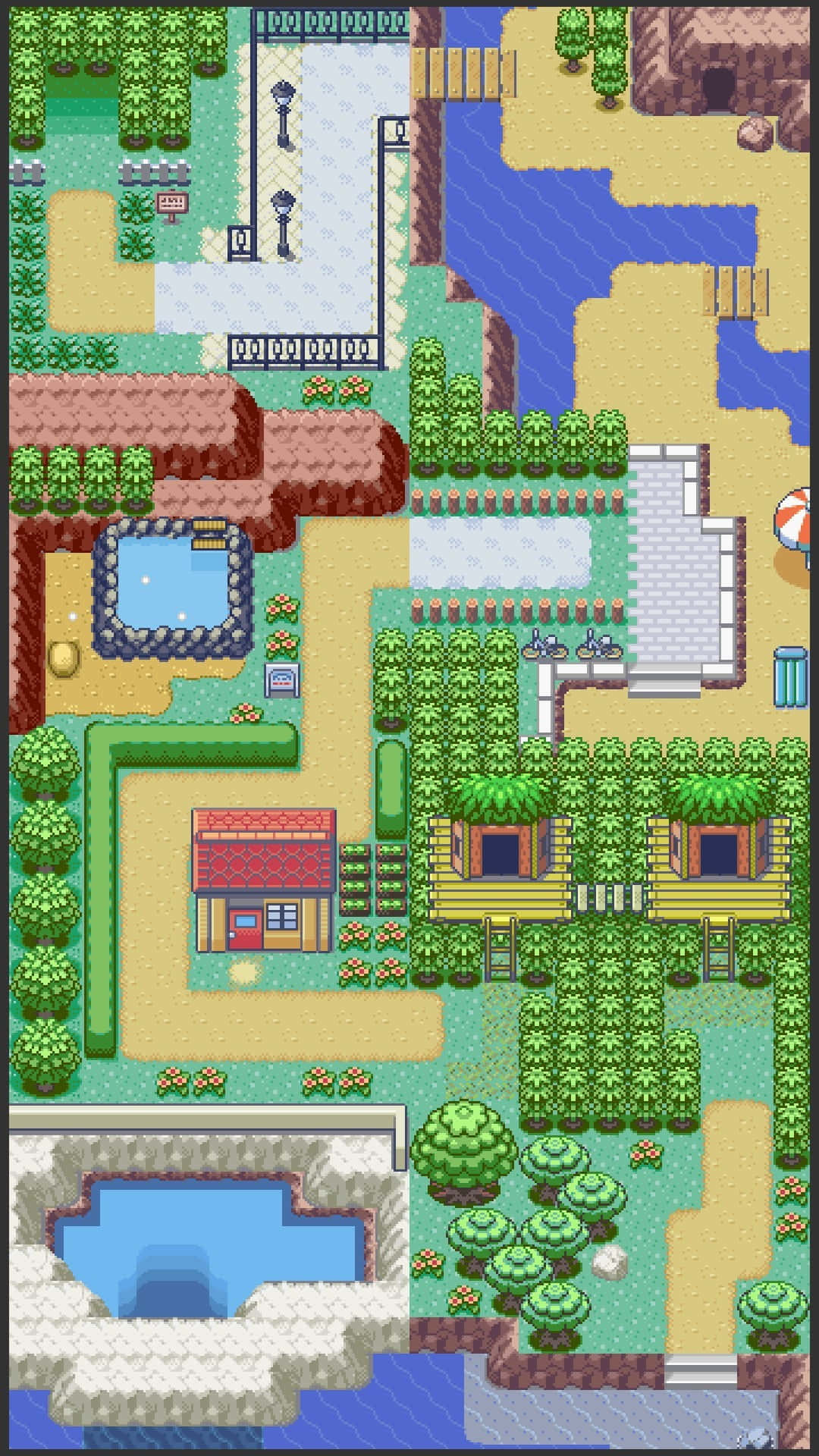 Pixel Game 桌布 壁紙 — 像素化俯視地圖，展示充滿活力的寶可夢遊戲世界，包含路徑、房屋、樹木和水體。