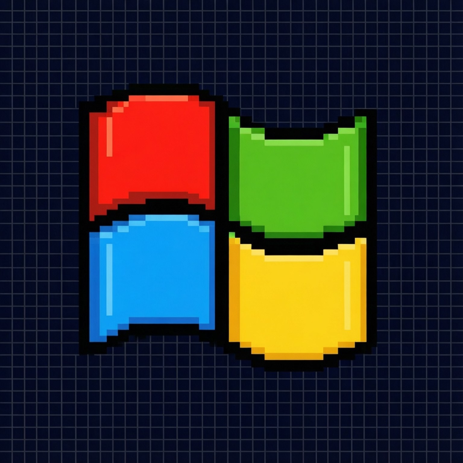 Retro 8-bit Windows 壁紙 — 像素化Windows標誌，帶有紅色、綠色、藍色和黃色象限，位於深色網格背景上。