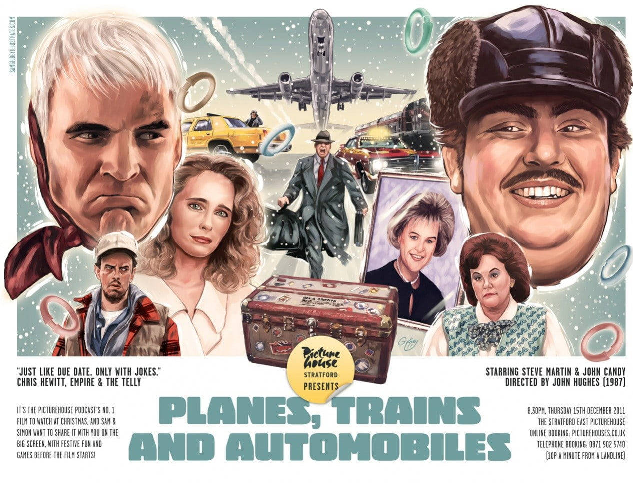 約翰·坎迪 桌布 壁紙 — 《Planes Trains and Automobiles》的復古電影海報，以雪景為背景，展示演員的風格化肖像和標誌性車輛。