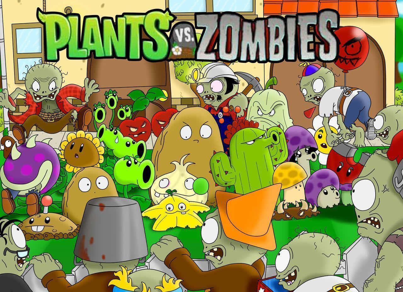 Plants Vs Zombies 桌布 壁紙 — Plants vs Zombies 中混亂的卡通場景，後院戰鬥中有綠色殭屍和色彩繽紛的植物。