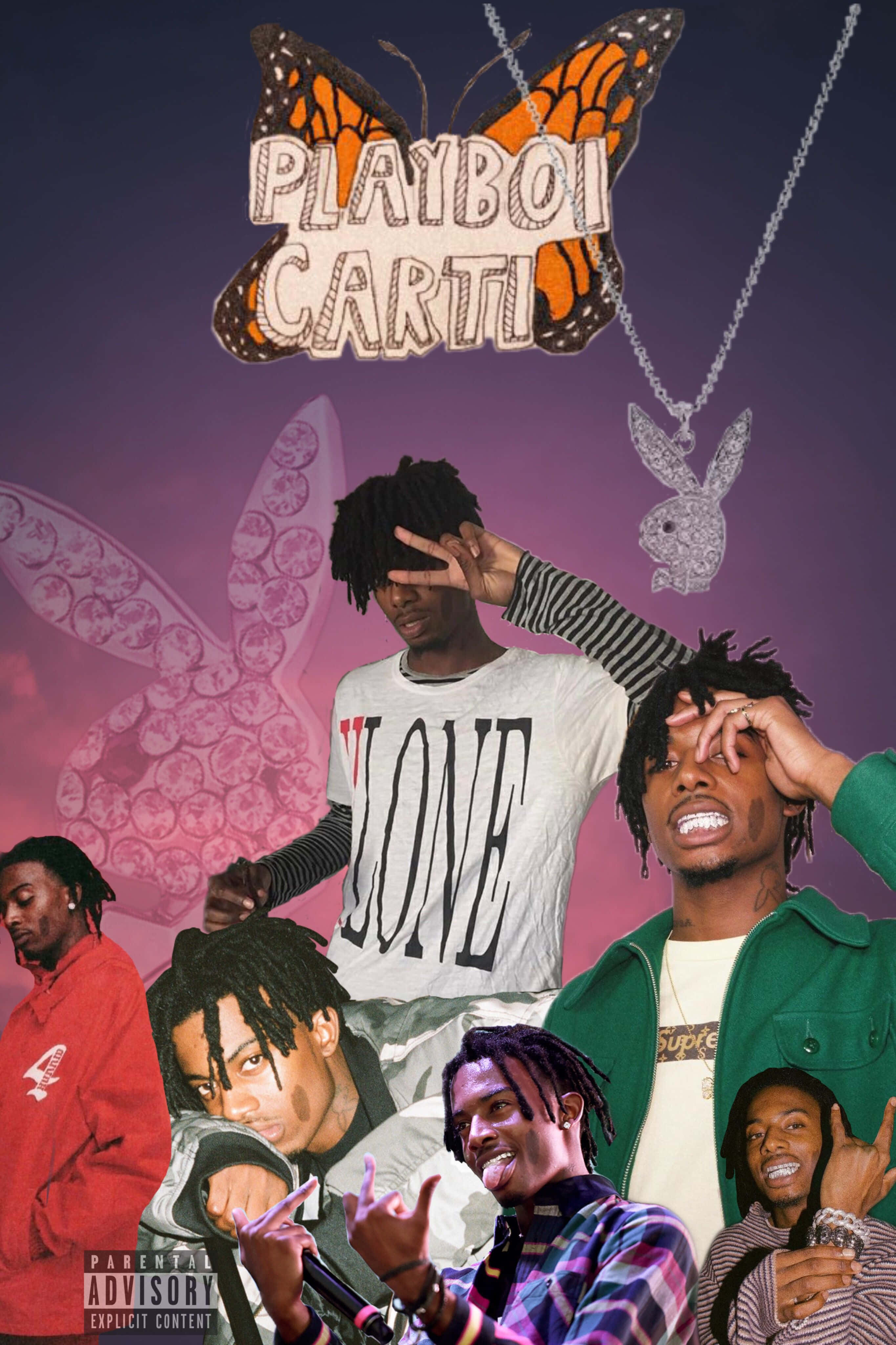 Playboi Carti HD 桌布 壁紙 — Playboi Carti 以蝴蝶標誌和鑽石兔子吊墜在紫色背景上擺姿勢，並有多個風格化肖像。