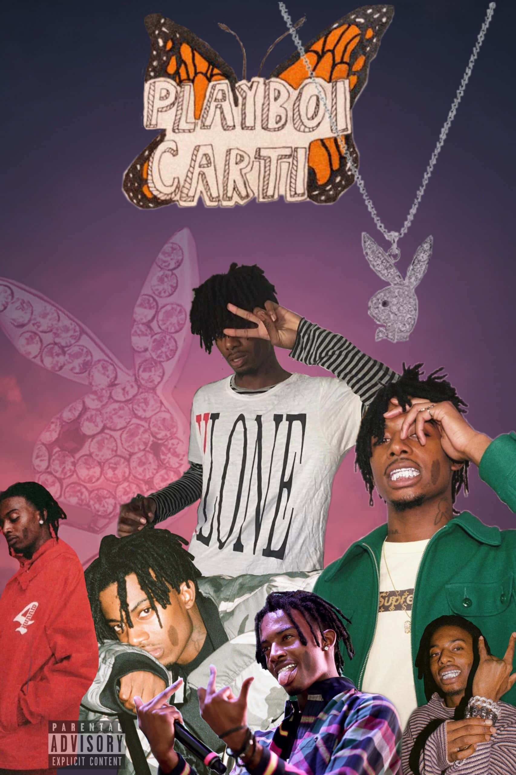Playboi Carti iPhone 桌布 壁紙 — Playboi Carti 在紫色漸層背景前，以蝴蝶圖案和鑲鑽的Playboy兔子造型擺姿勢。
