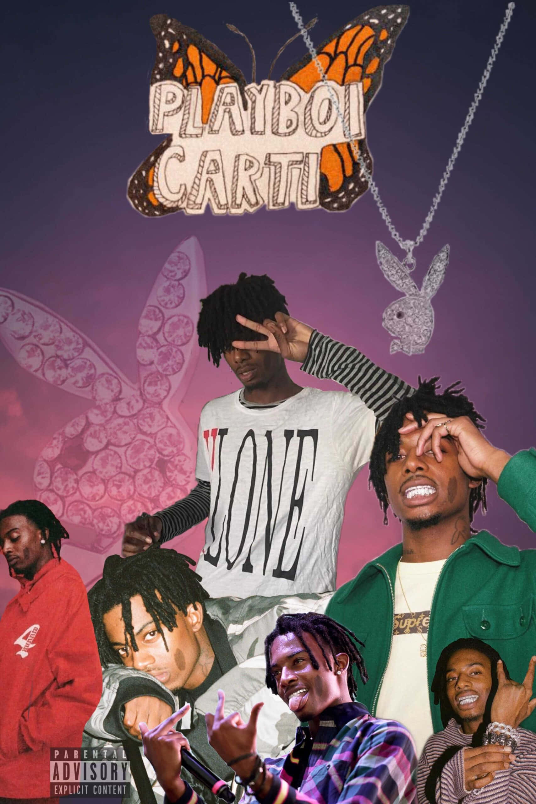 桌布 壁紙 — Playboi Carti 在紫色漸層背景前擺出蝴蝶圖案和 Playboy 標誌的姿勢。