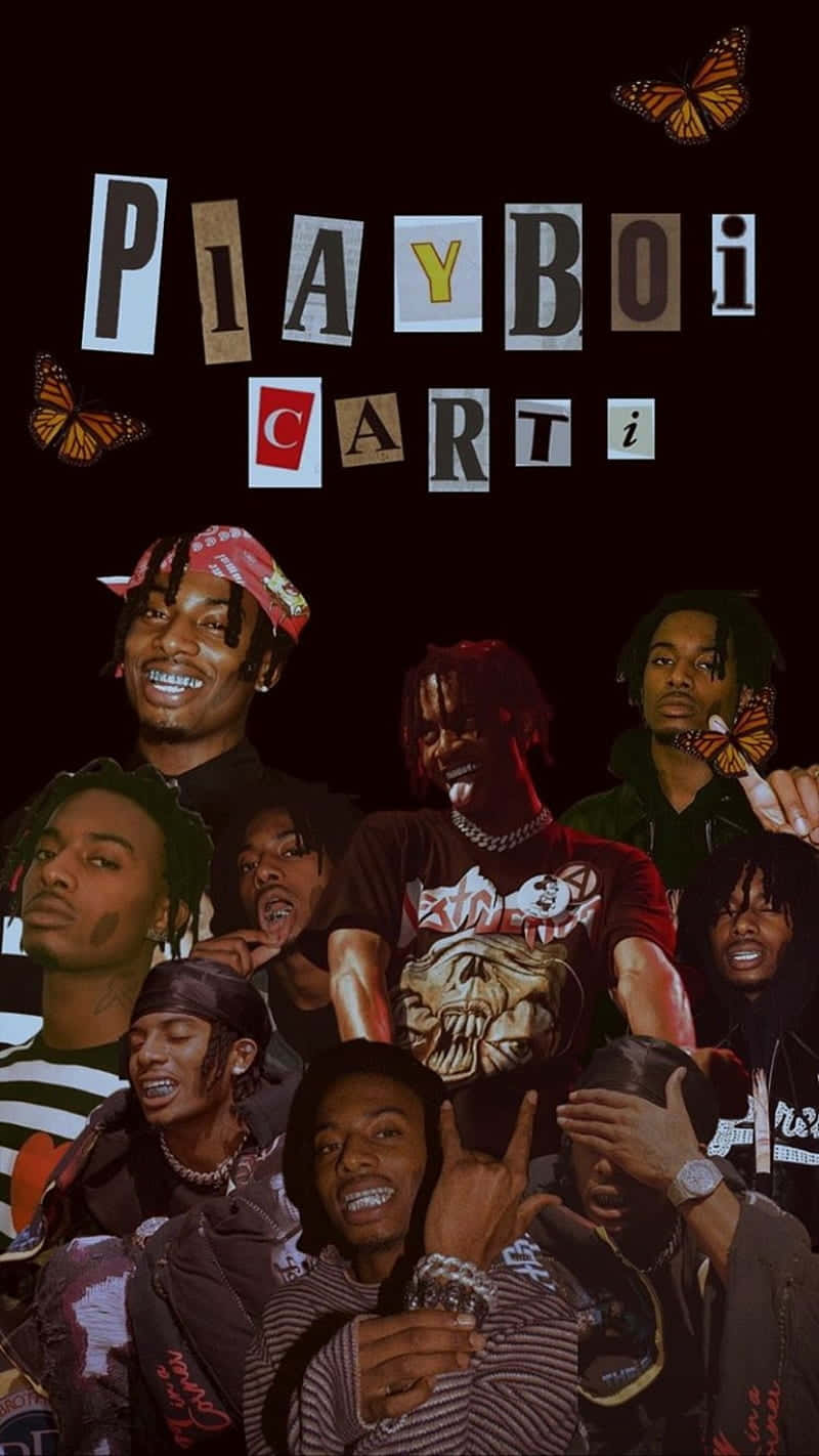 桌布 壁紙 — Playboi Carti 的表情肖像拼貼畫，帶有蝴蝶和粗體字，背景為深色。