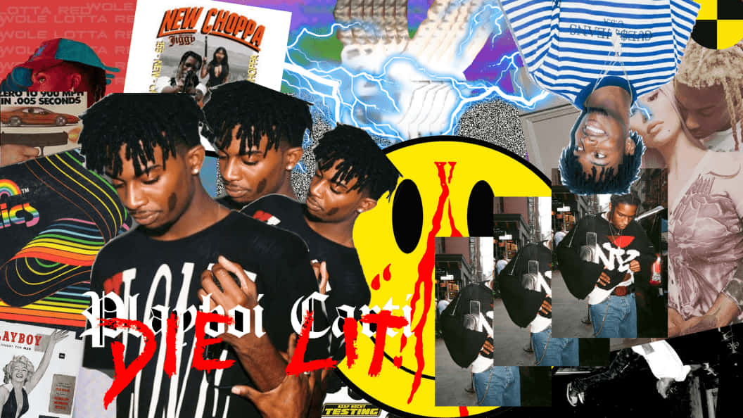 桌布 壁紙 — Playboi Carti 的鮮豔拼貼畫，具有大膽的圖形、閃電和帶有彩虹和條紋圖案的街頭服飾。