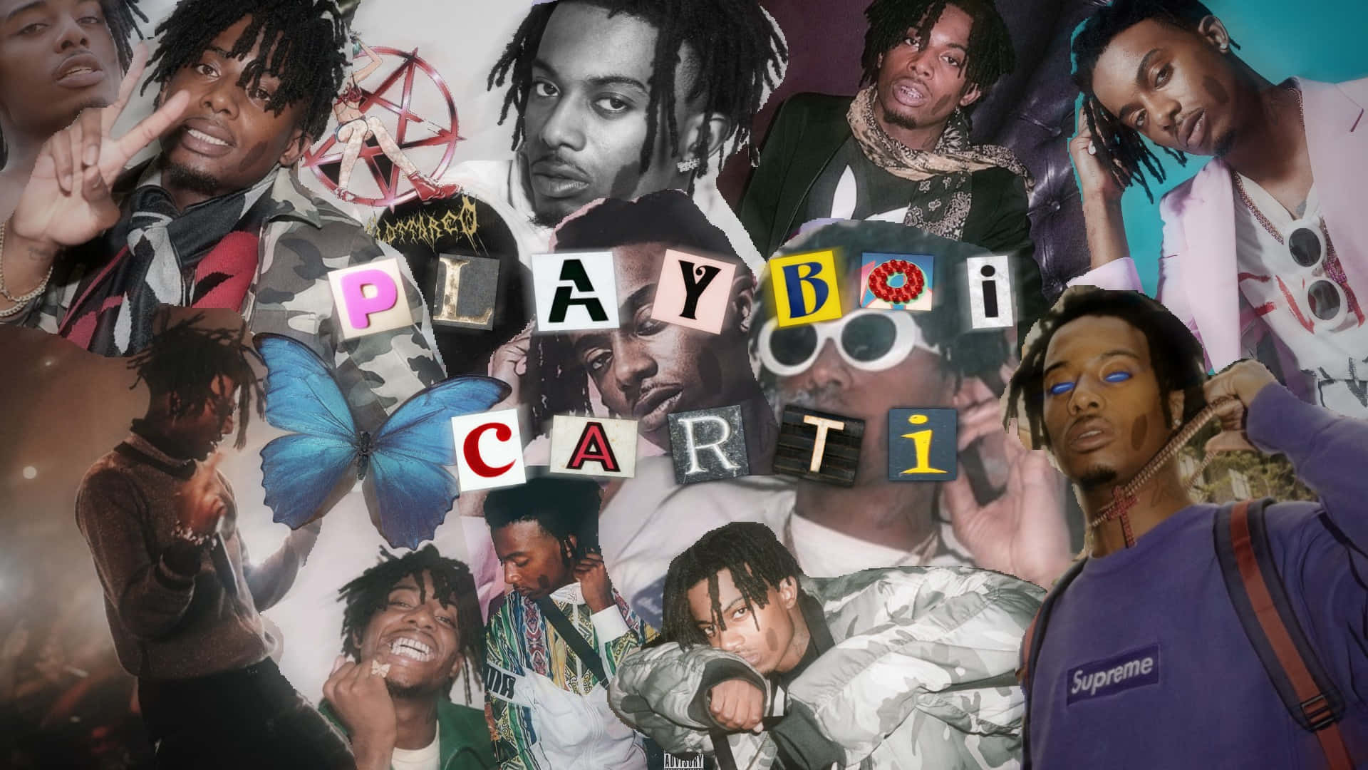Playboi Carti HD 桌布 壁紙 — Playboi Carti 肖像的鮮豔拼貼畫，帶有粗體文字和藍色蝴蝶，背景色彩繽紛。