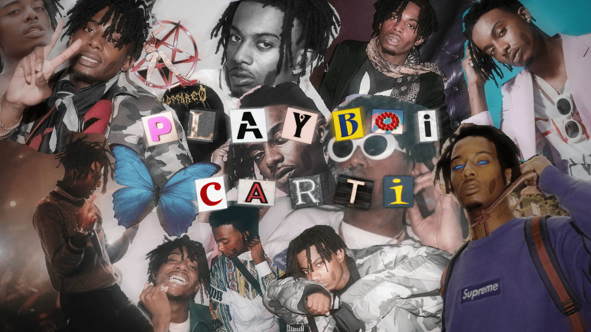 Carti 桌布 壁紙 — Playboi Carti 肖像的鮮明拼貼畫，帶有彩色字母和藍色蝴蝶，背景為塗鴉風格。