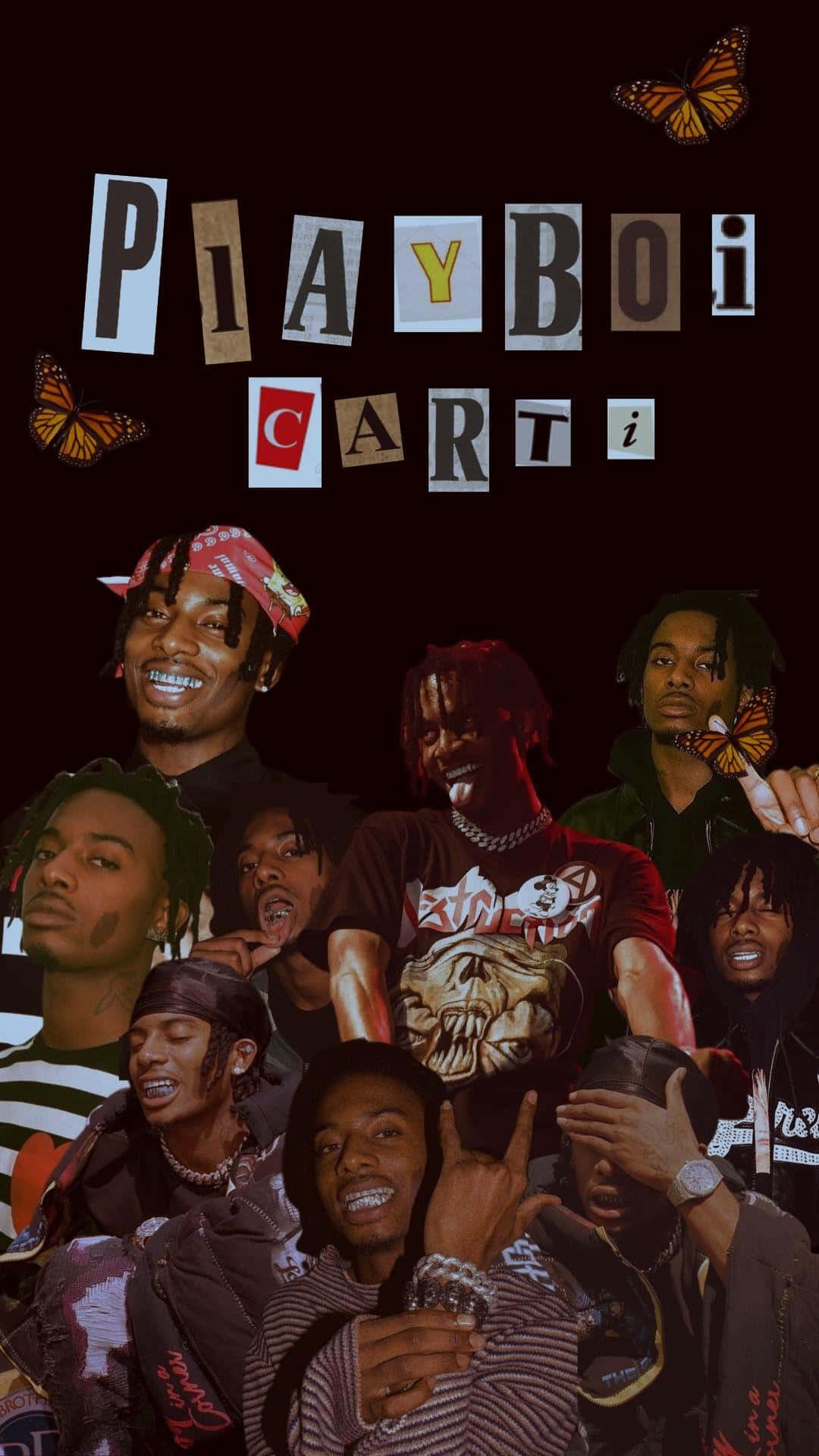 說唱歌手 桌布 壁紙 — Playboi Carti 表情豐富的肖像拼貼畫，帶有蝴蝶和粗體字，背景為深色。