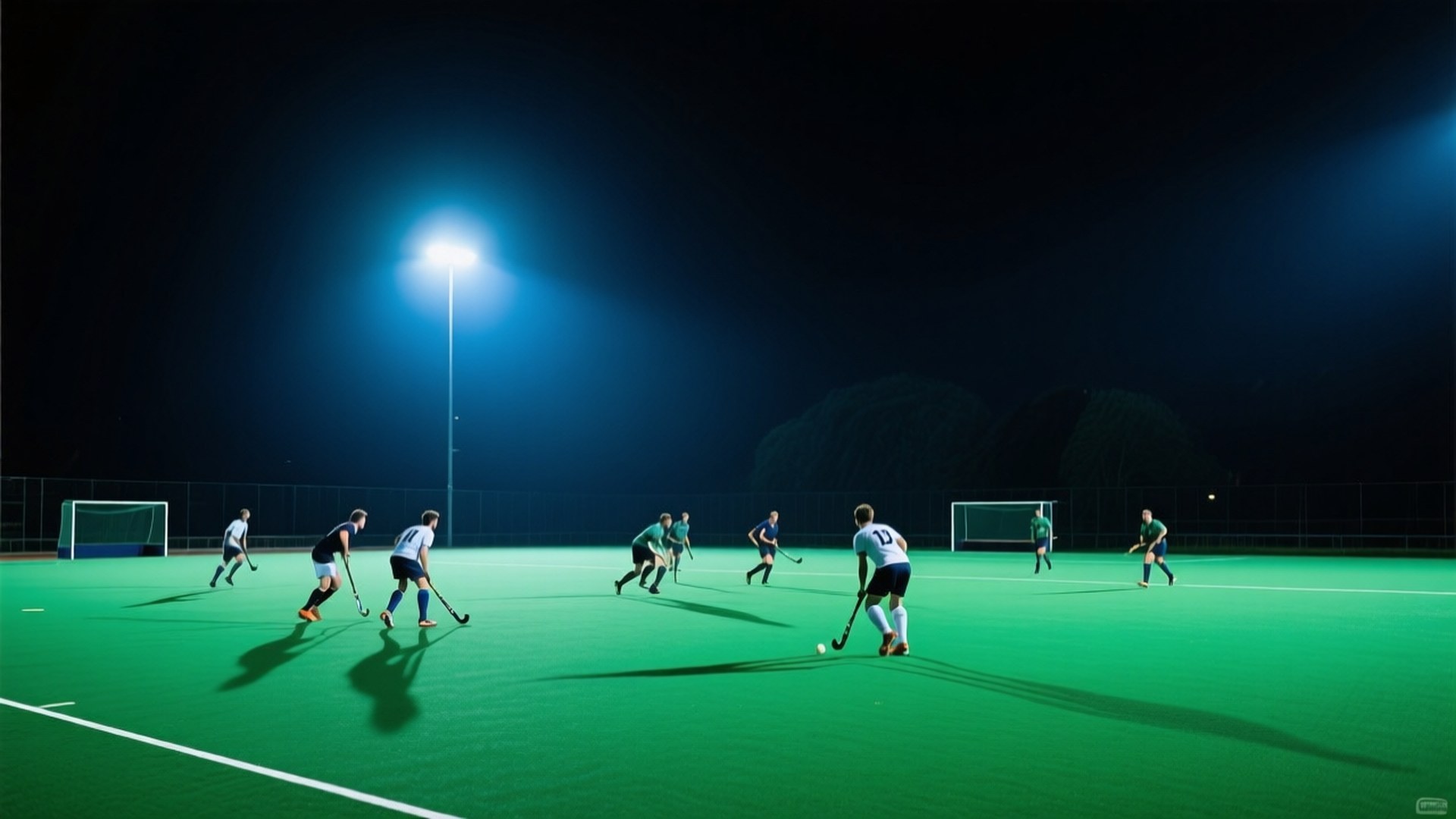 Night Game 壁紙 — 球員在夜間於鮮綠色草地上，在單一明亮體育場燈光下進行曲棍球比賽。