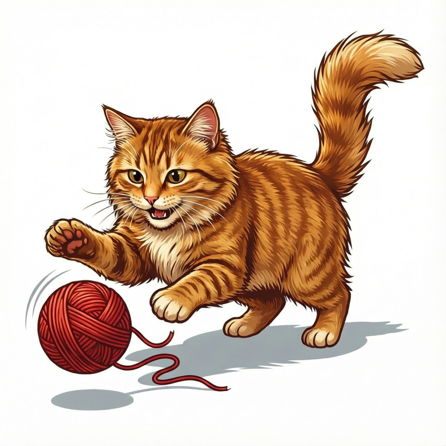 Free Cat For Cricut 桌布 壁紙 — 一隻頑皮的橙色虎斑小貓以歡樂的能量撲向一個鮮紅色的毛線球。