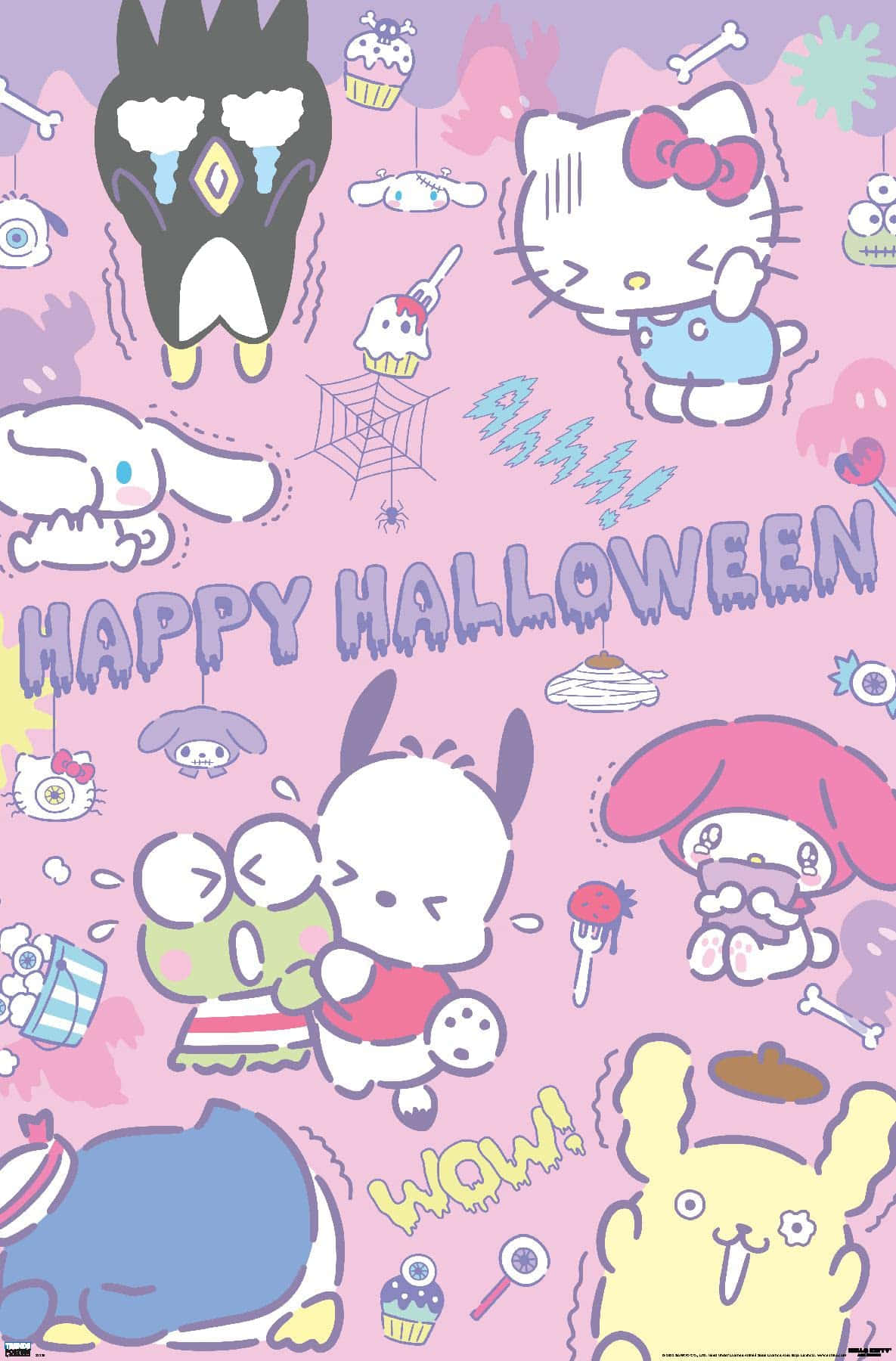  壁紙 — 一張有趣的粉紅色萬聖節桌布， featuring Sanrio 角色穿著恐怖服裝，配有糖果和骨頭。
