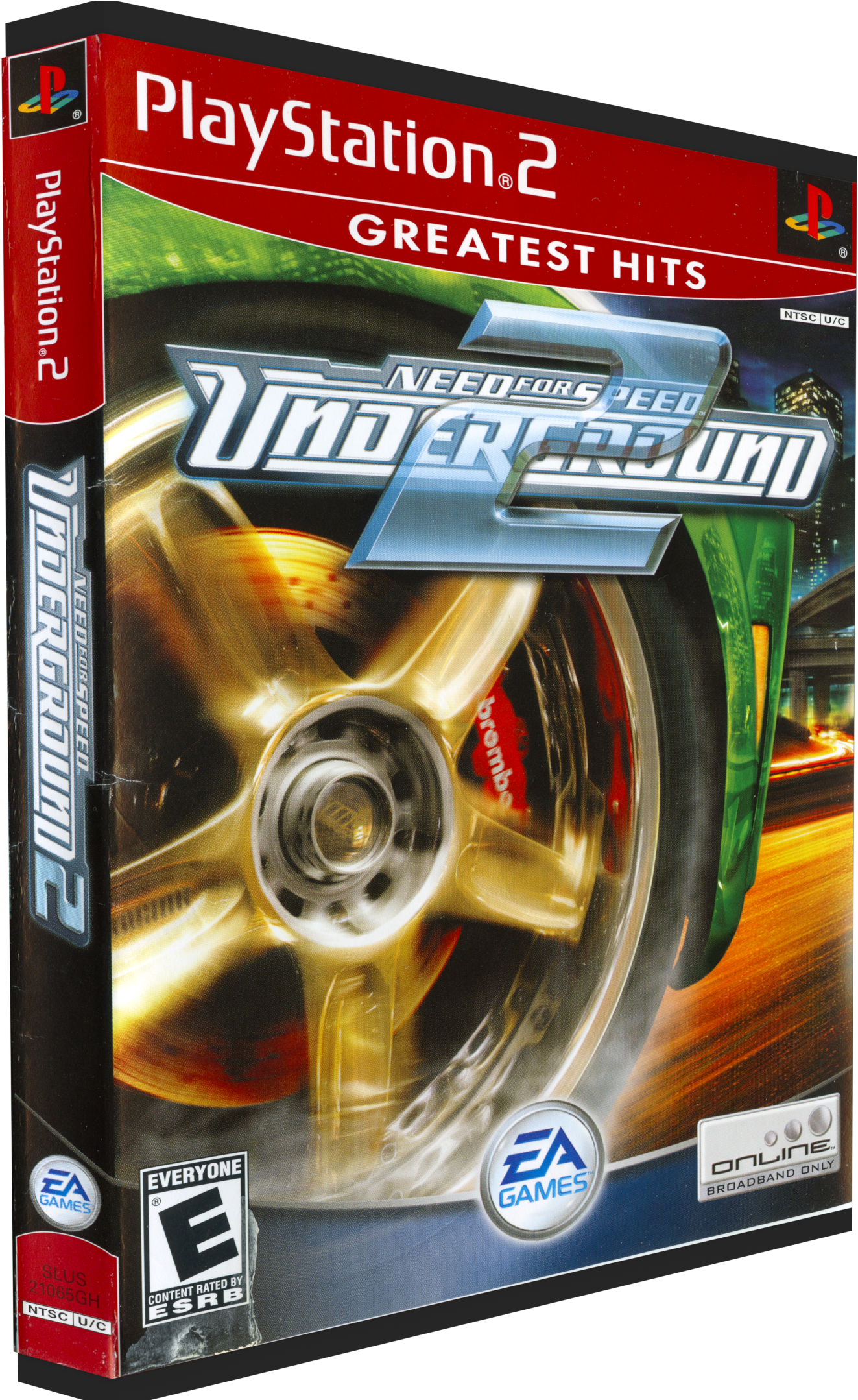 Need For Speed Payback 桌布 壁紙 — PlayStation 2《極速快感：飆風再起2》遊戲盒，以城市夜景為背景，金色賽車方向盤帶有動態模糊效果。