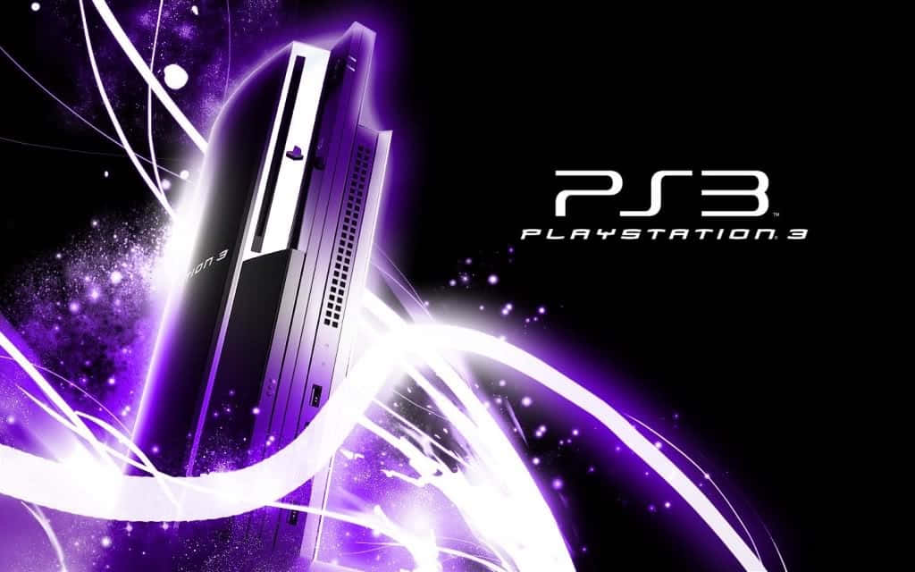 PlayStation 桌布 壁紙 — PlayStation 3 主機在黑暗的宇宙背景下發出充滿活力的紫色和白色能量條紋光芒。