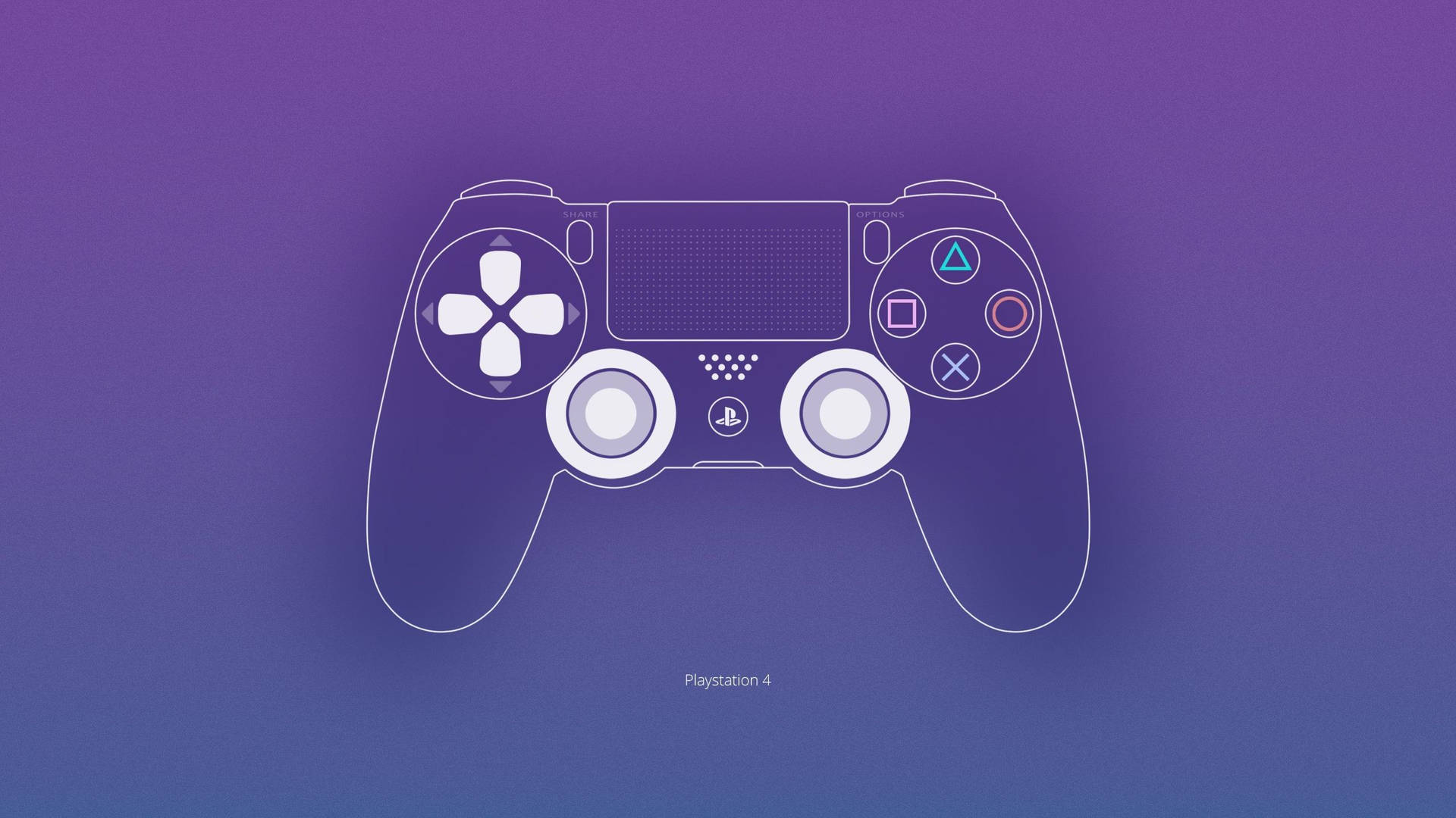 Purple 桌布 壁紙 — PlayStation 4 手把的簡約線條輪廓，在紫色漸層背景上柔和發光。