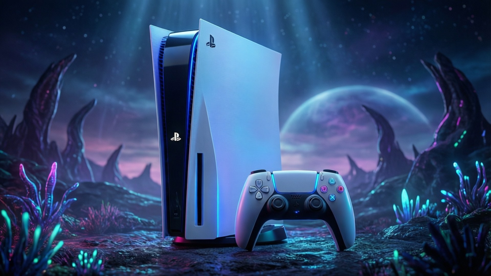 Neon PS5 Sci-Fi 壁紙 — PlayStation 5 主機和控制器在紫色月亮下的超現實外星景觀中發出藍光。