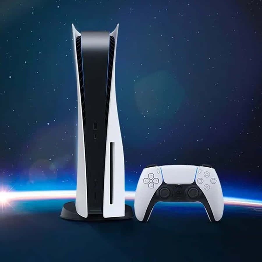 PS5 動態圖片 桌布 壁紙 — PlayStation 5 主機和控制器在一個帶有星星和發光行星地平線的宇宙背景前。