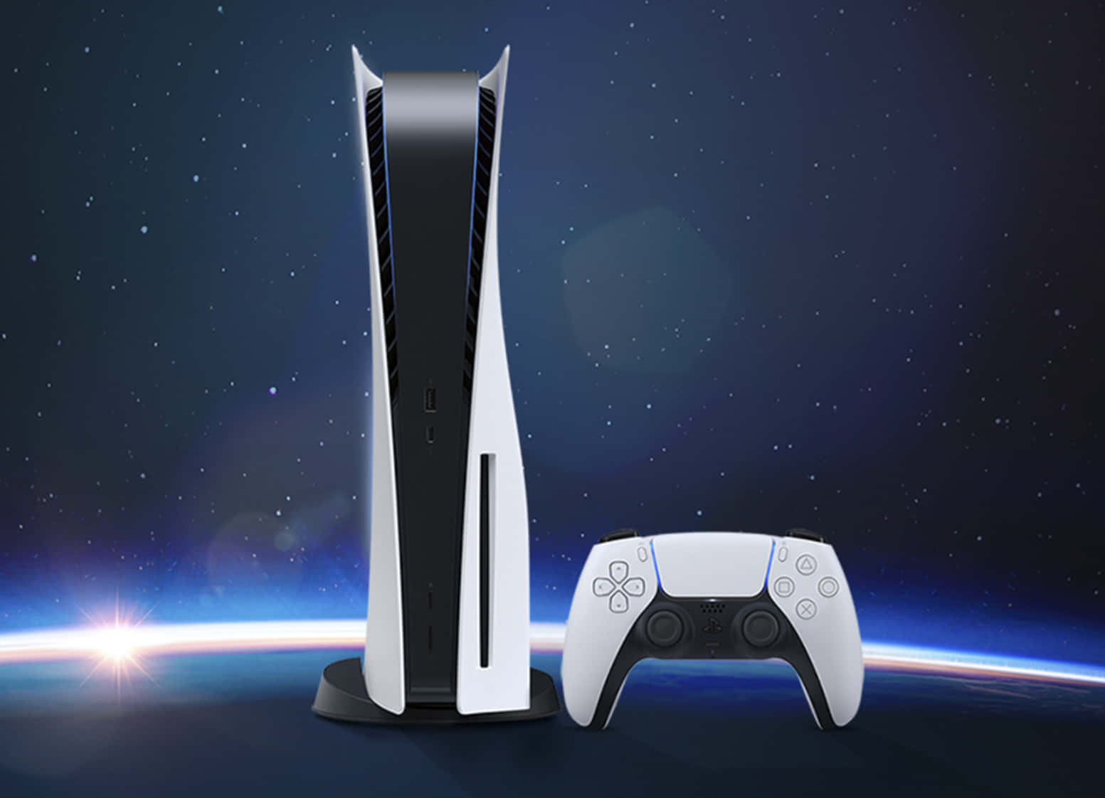PS5 動態圖片 桌布 壁紙 — PlayStation 5 主機和控制器在星空太空背景下，帶有發光行星地平線。