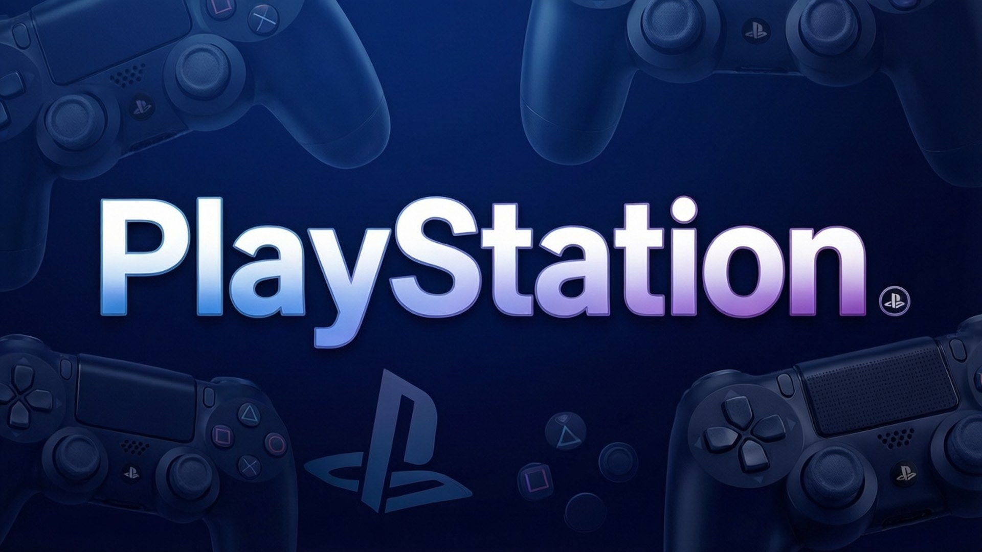 PlayStation Typography 壁紙 — PlayStation 標誌居中於白色到紫色的漸變中，深藍色控制器和符號在深藍色背景上漂浮。