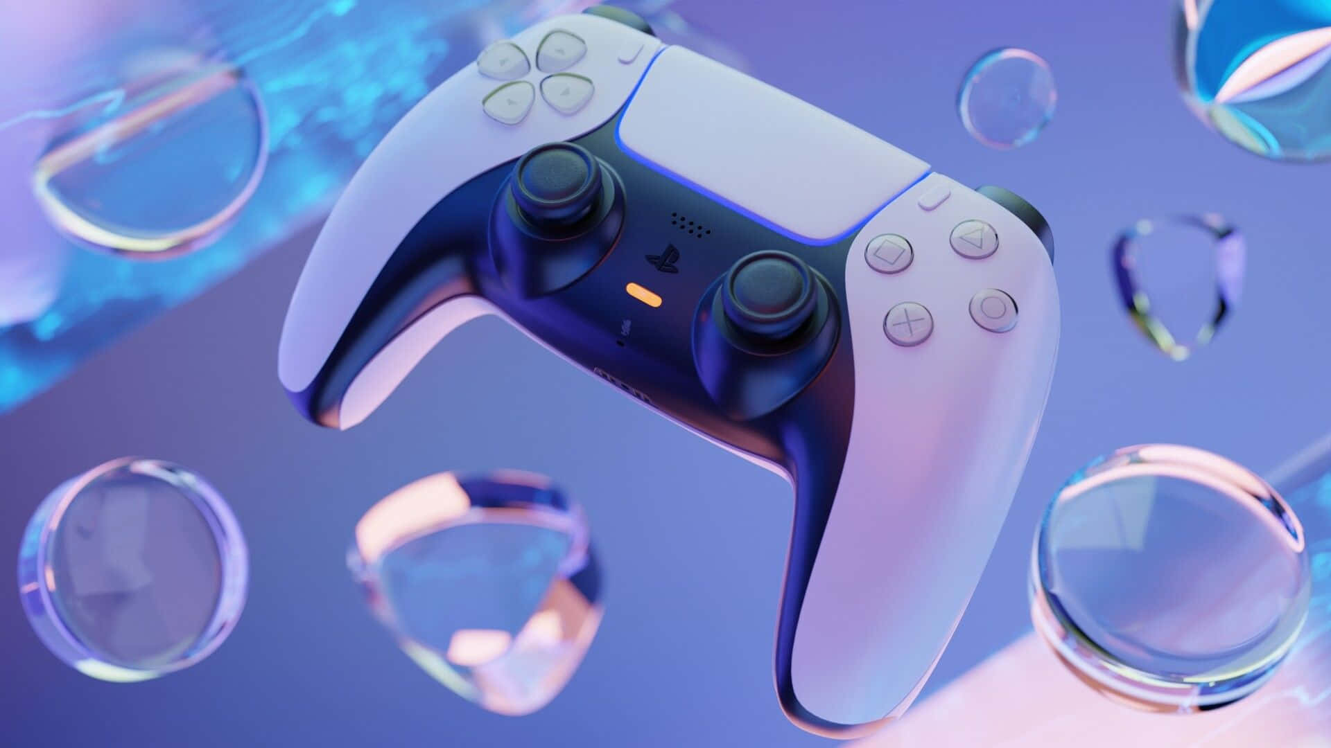  壁紙 — 一個時尚的白色和藍色PlayStation控制器漂浮在發光的半透明氣泡中，背景是紫色和藍色的漸變。