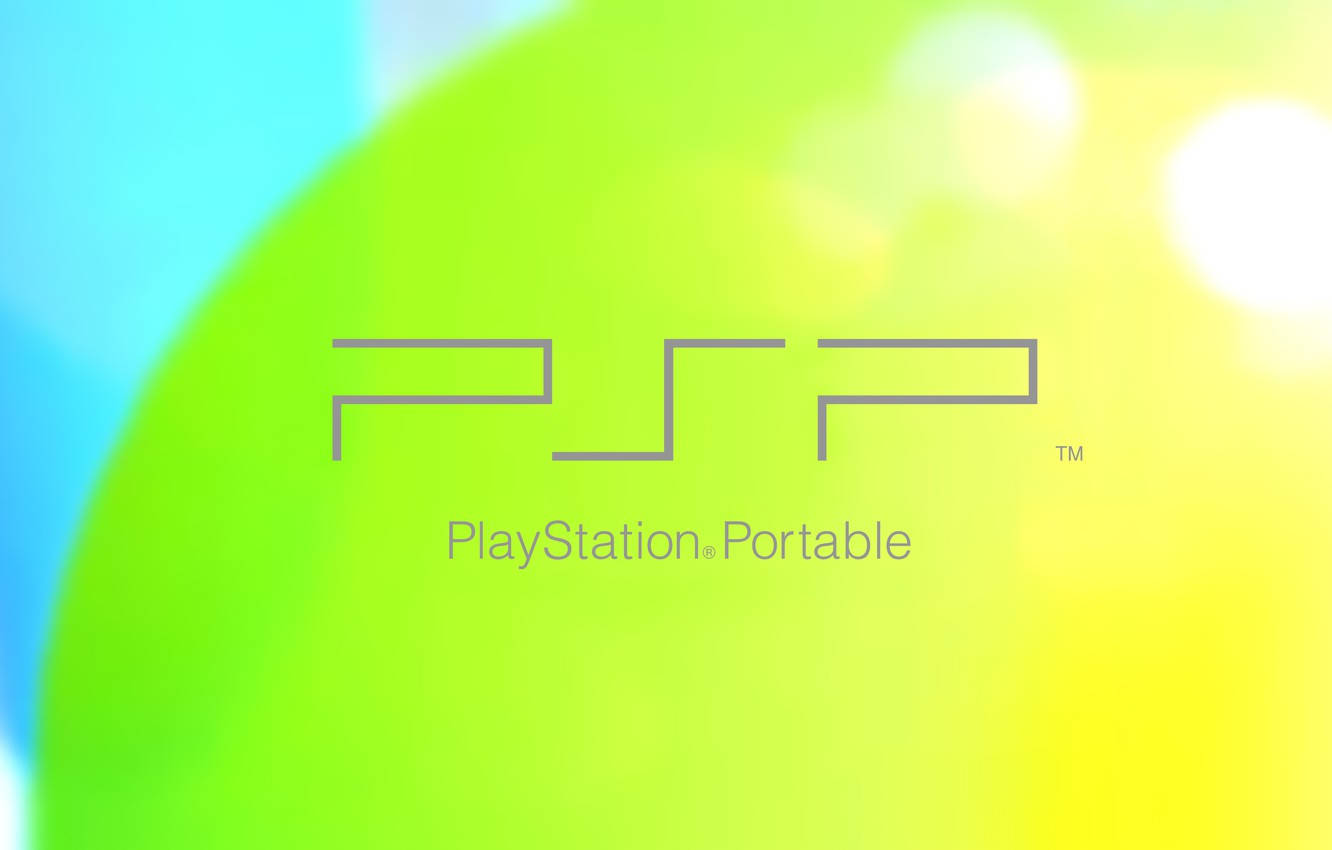 PlayStation 桌布 壁紙 — PlayStation Portable 標誌以極簡灰色發光，背景是充滿活力的綠色、黃色和藍色漸變，帶有柔和的散景高光。
