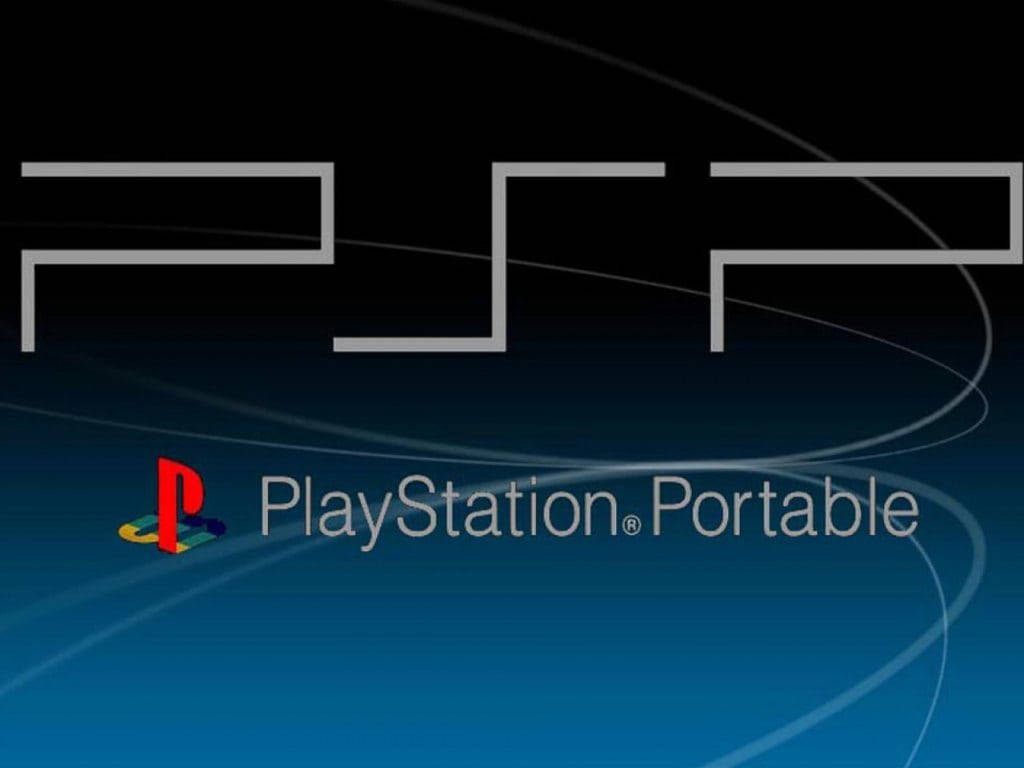 PlayStation 桌布 壁紙 — PlayStation Portable 標誌在深藍色漸變背景上發光，帶有發光的曲線。