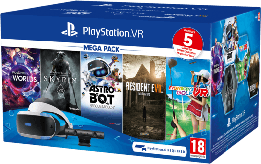 PlayStation 桌布 壁紙 — PlayStation VR Mega Pack 盒裝，包含五款VR遊戲和頭戴裝置，背景為藍色漸變。