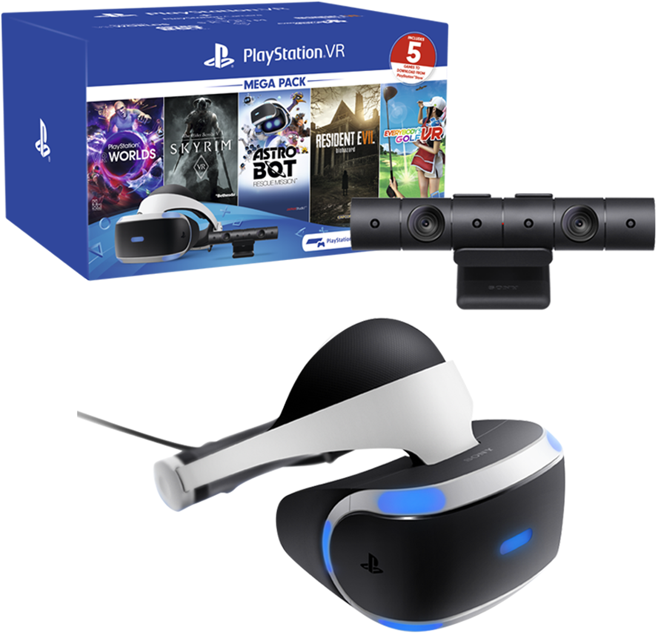 PlayStation 桌布 壁紙 — PlayStation VR 頭戴式裝置及相機套裝，附帶包含五款遊戲的遊戲盒，背景為黑色。