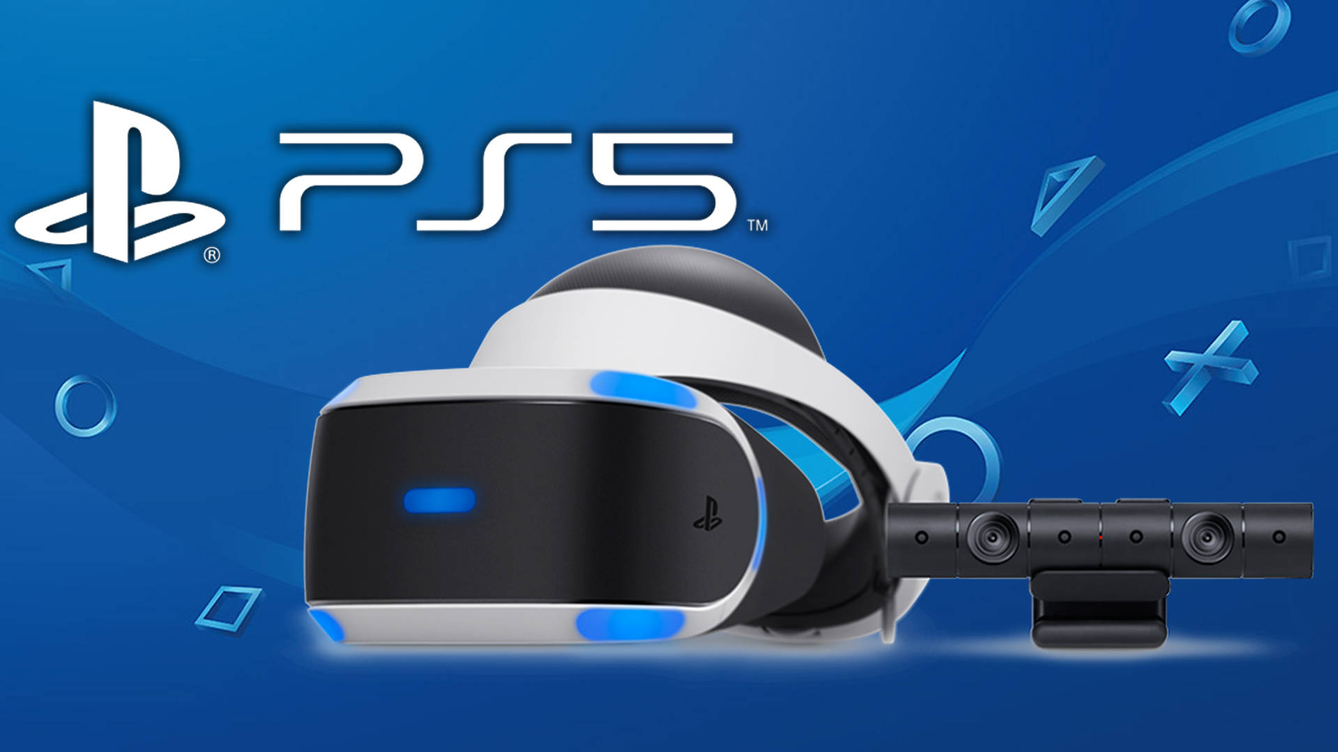 PS5 動態圖片 桌布 壁紙 — PlayStation VR 頭戴式裝置和相機居中放置，背景為動態藍色，帶有浮動的 PlayStation 標誌和 PS5 標誌。