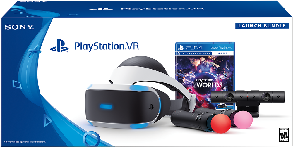 PlayStation 桌布 壁紙 — PlayStation VR 首發套裝盒，包含頭戴裝置、控制器和遊戲光碟，背景為藍色抽象圖案。