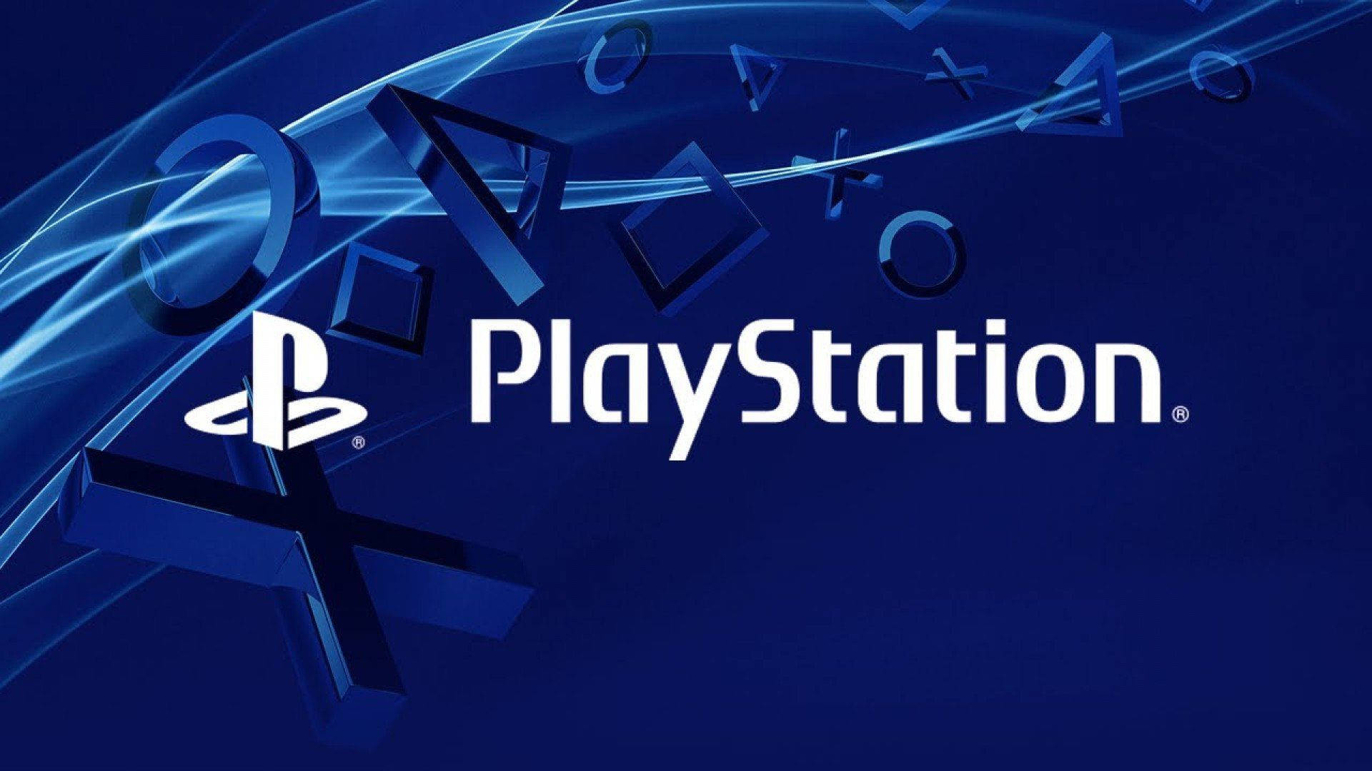 PlayStation 桌布 壁紙 — PlayStation 標誌，帶有浮動控制器按鈕，在動態藍色數位背景上。