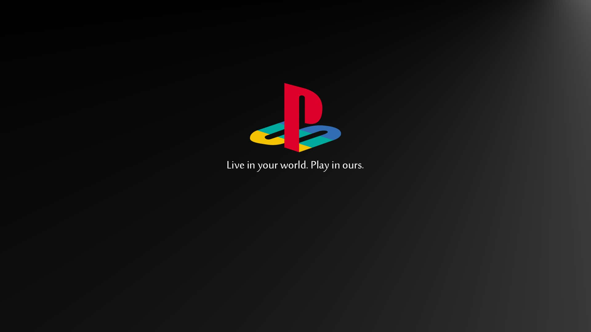 PlayStation 桌布 壁紙 — PlayStation 標誌在深色漸變背景上以彩虹色發光，並附有標語。