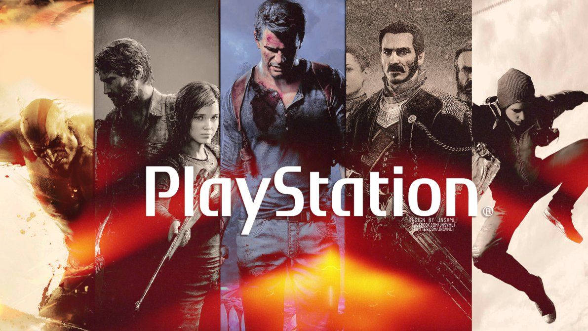 PlayStation 桌布 壁紙 — PlayStation 標誌居中於六個戲劇性遊戲角色之上，採用電影風格的垂直面板，帶有火紅和橙色的燈光。