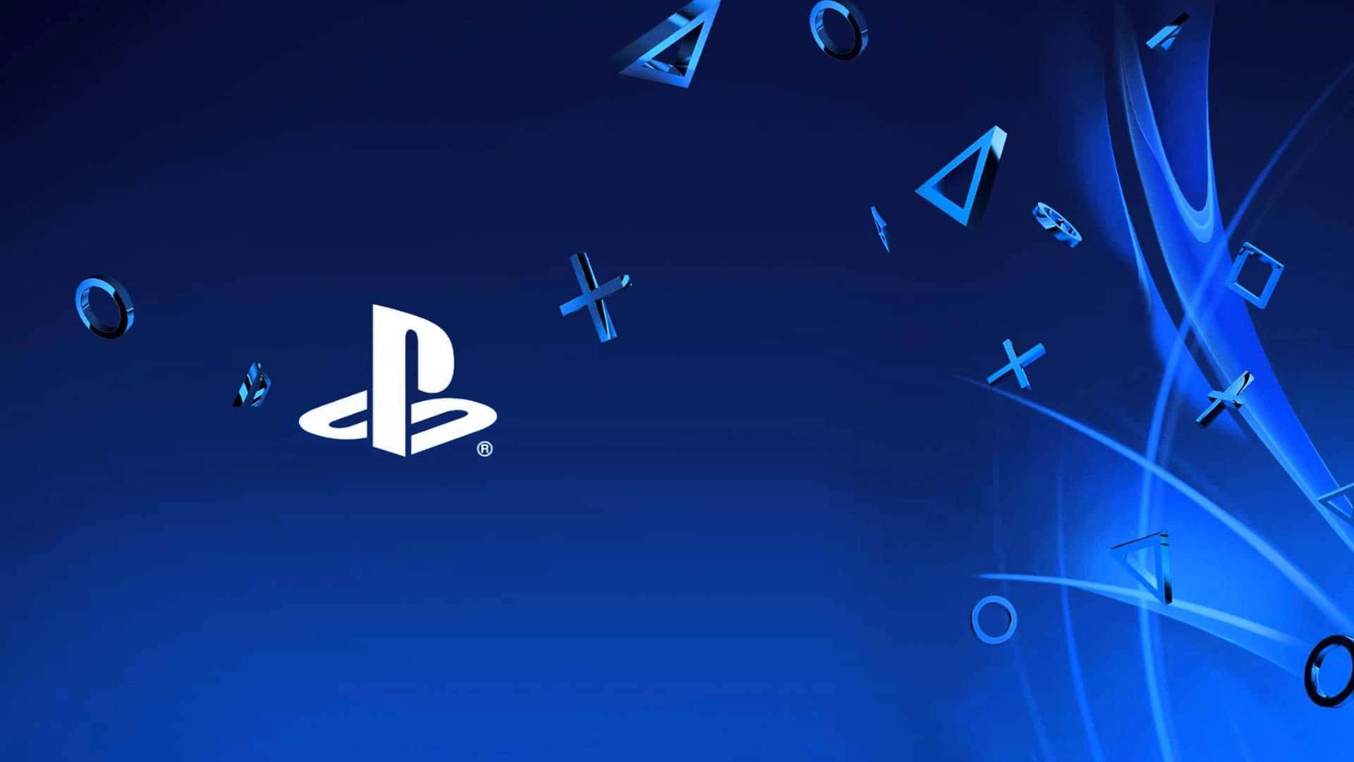 PlayStation 標誌與浮動控制器符號在藍色漸變背景上 — Ps4 壁紙