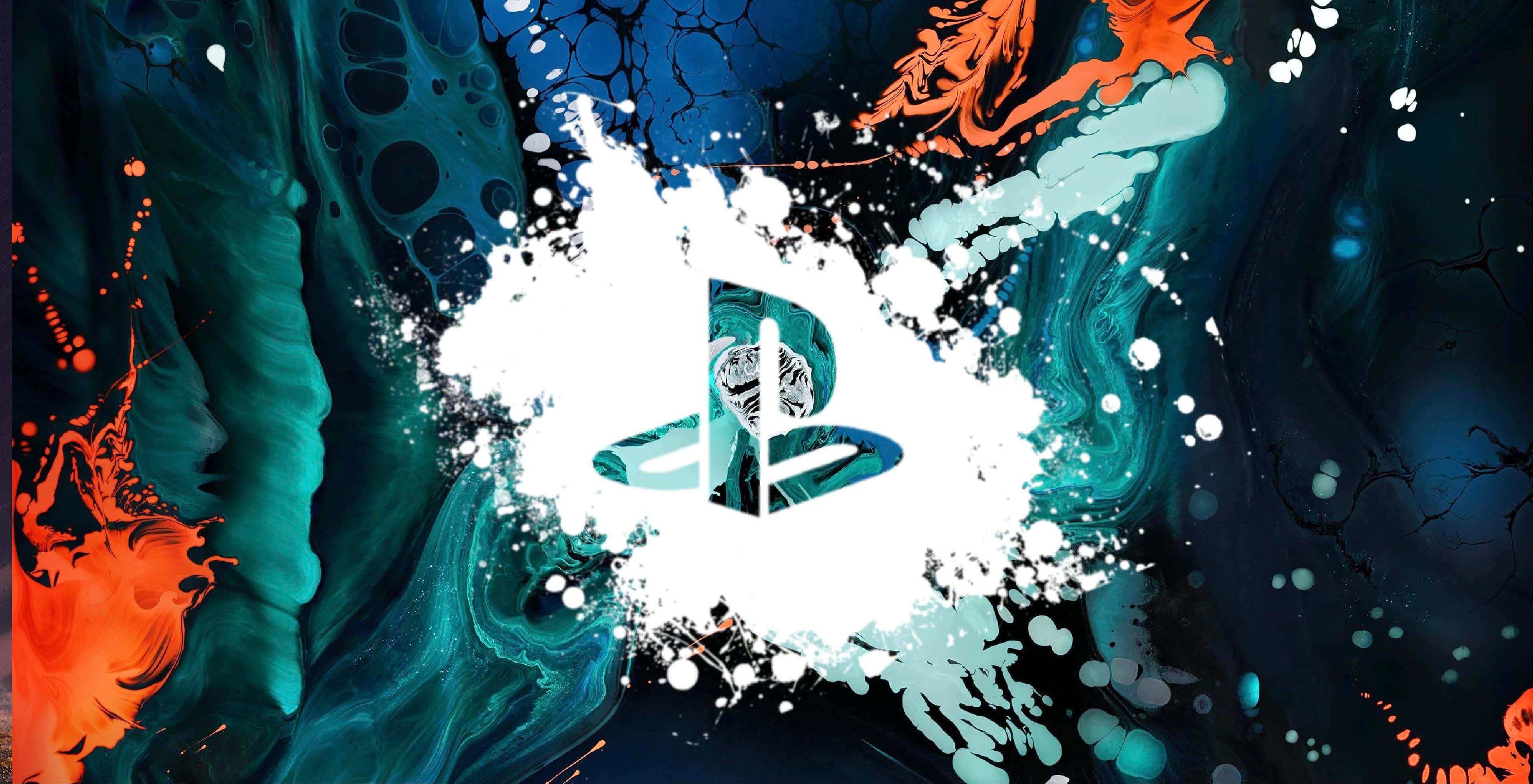 PlayStation 桌布 壁紙 — PlayStation 標誌從深色抽象背景上的青色、橙色和白色油漆的動態飛濺中迸發出來。