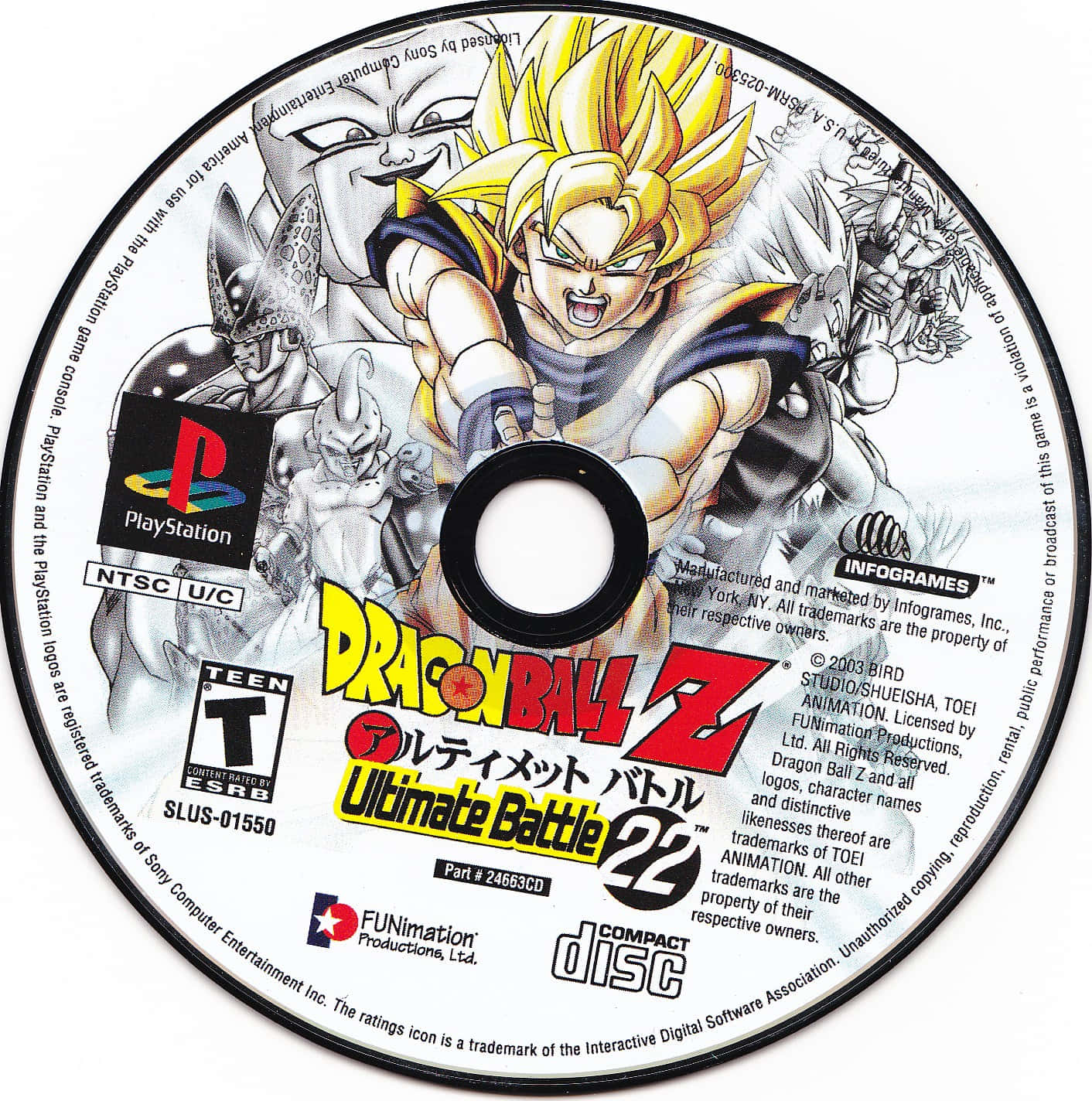 Dragon Ball Z Games 桌布 壁紙 — PlayStation遊戲光碟《七龍珠Z 終極戰鬥22》，上有動態動畫插圖，描繪超級賽亞人形態的悟空被其他角色包圍。