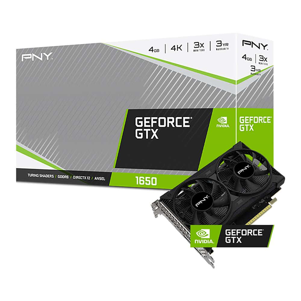 nvidia 桌布 壁紙 — PNY GeForce GTX 1650 顯示卡與其零售盒一同展示，突出 4GB VRAM 和 4K 支援。