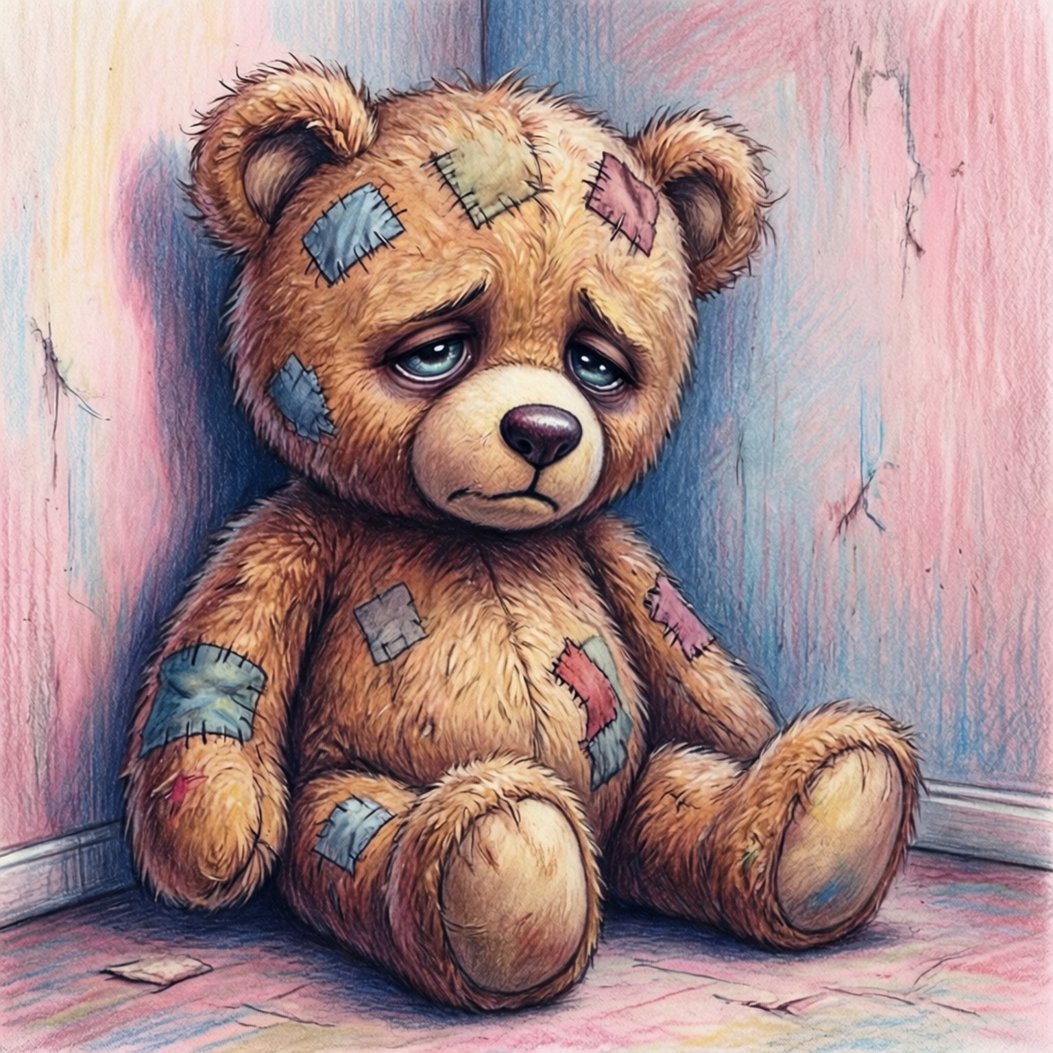 Forgotten Teddy 壁紙 — 一隻破舊的棕色泰迪熊，帶有補丁修補，悲傷地坐在角落，背景是龜裂的粉紅色和藍色牆壁。